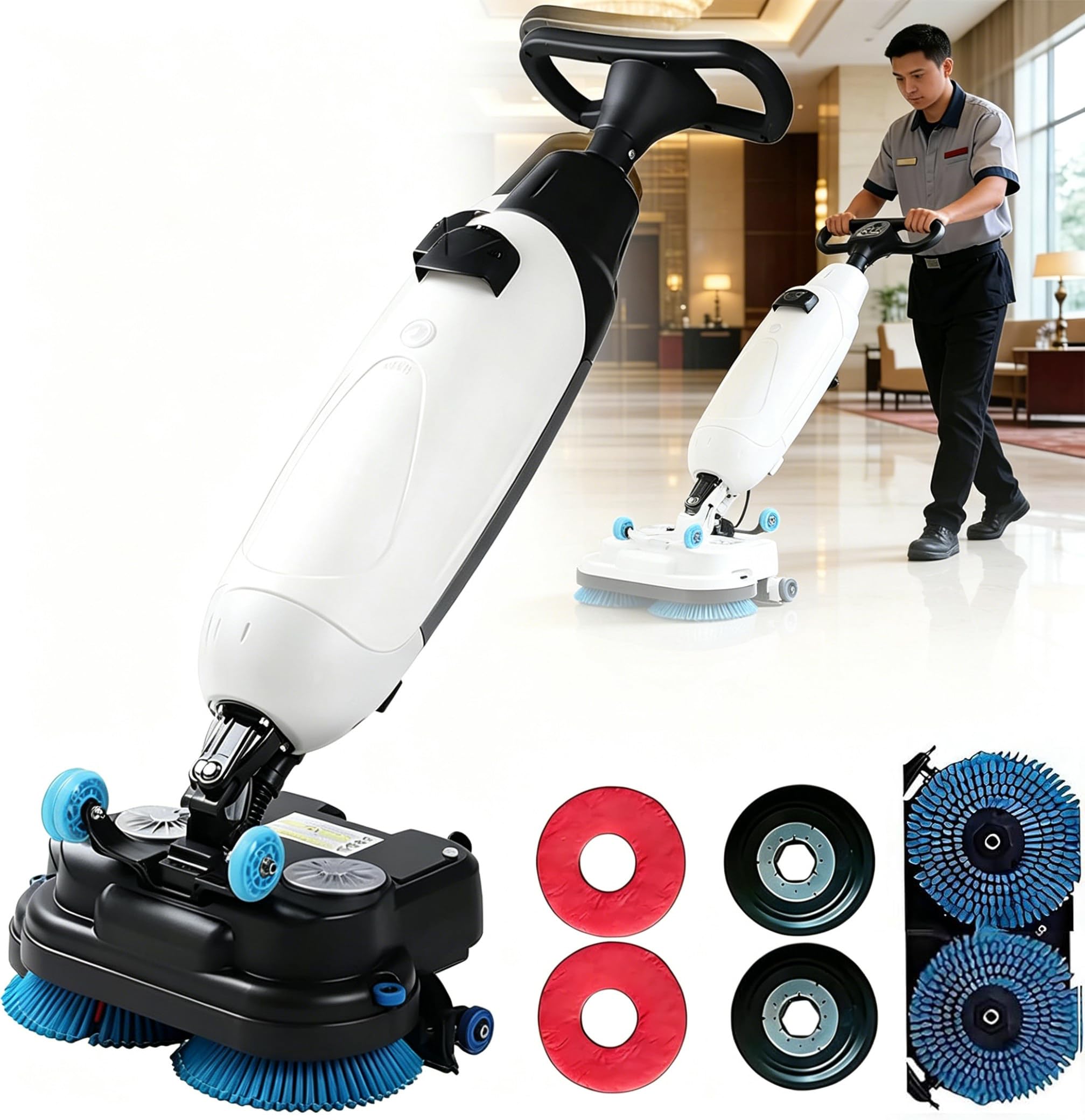 RoyceBee Commercial Electric Floor Scrubber Tile Polisher, Carpet Extractor Power Scrub Brush, Imop. 240°Rotating, Self-Propelled, Convenient Cordless. Fits Vinyl, Rubbermaid, Concrete White