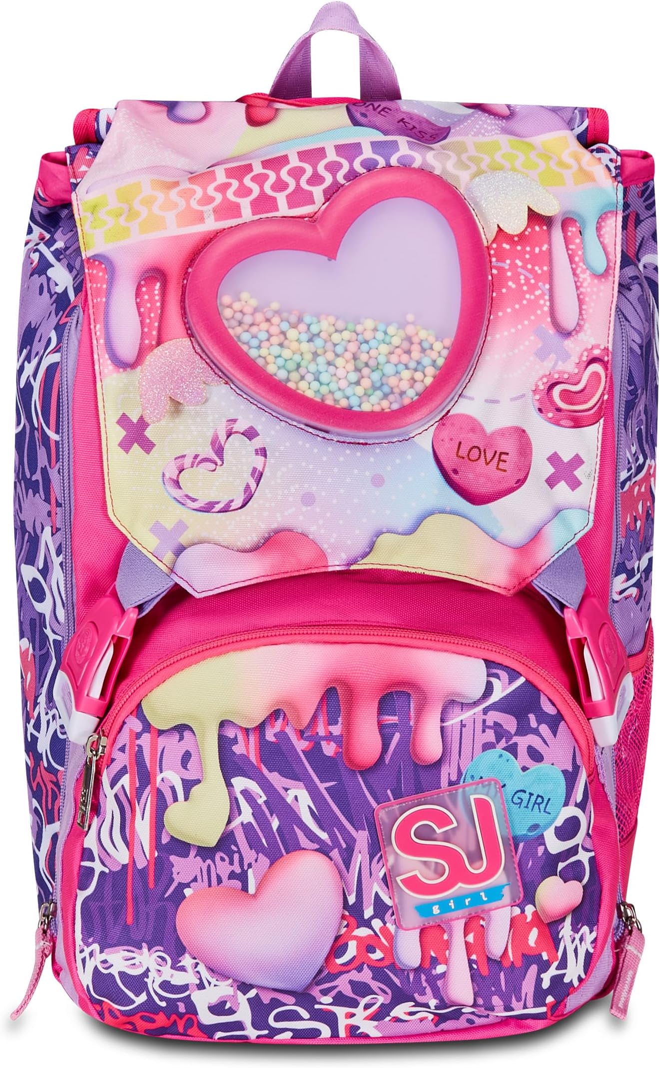 SevenSJ Gang Expandable School Backpack, Pink, Sphere Full Girl, Double Compartment Backpack Extensible Through Side Zips, Bottle Pocket, Elementary and Middle Schools, Girls, pink, Taglia unica, Rucksack