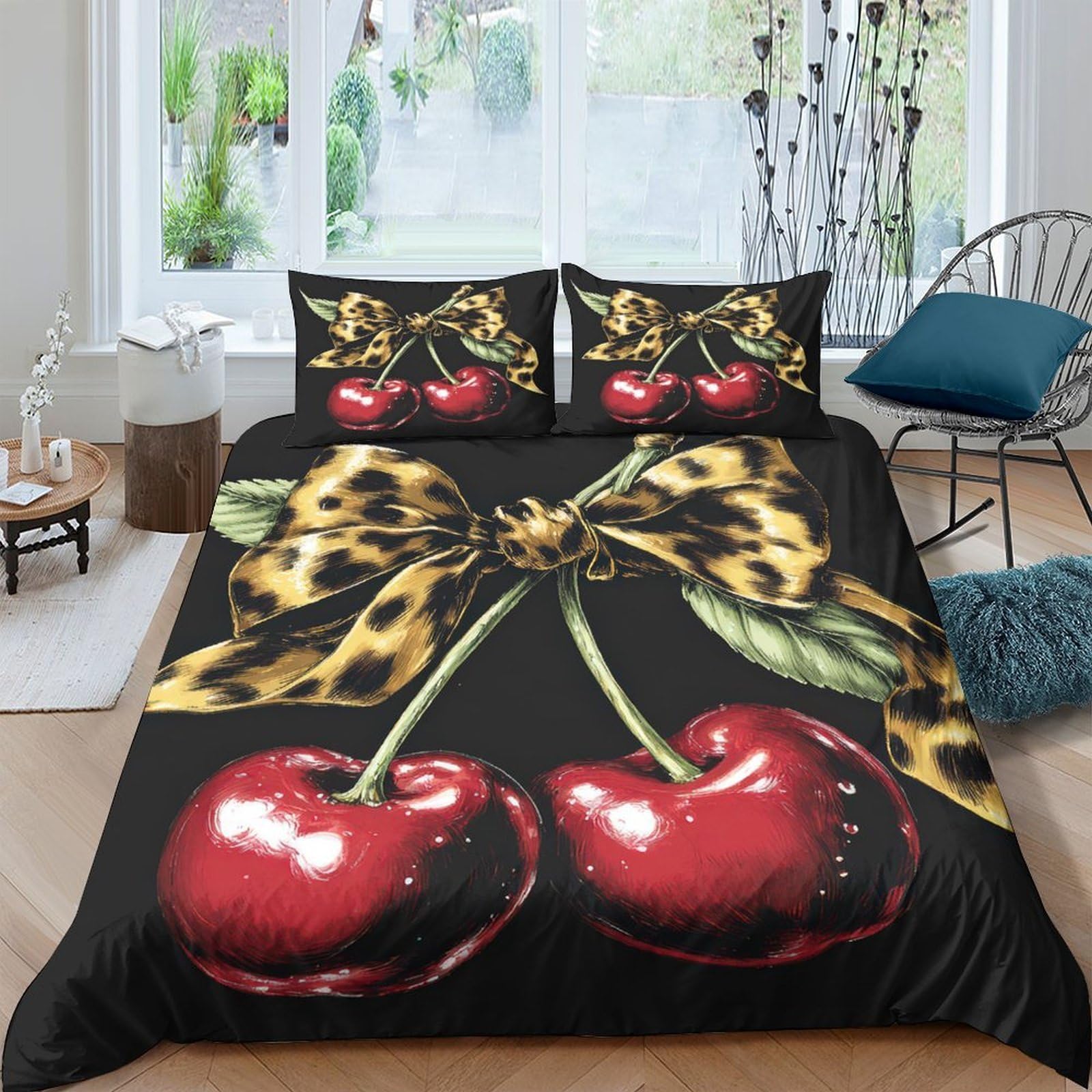 Ctjqhvkz Style-2 3D Printed Cherry Leopard Fitted Sheet Microfiber Soft Black Red Bed Cover For Bedroom Dorm Room Mattress Protection Single（135X200cm）