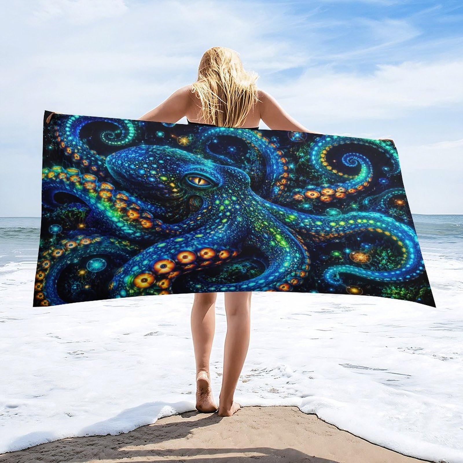 Anceky Glowing Octopus Ocean Beach Towel 30"×60",Soft Microfiber Bath Towel Shawl, Quick Dry Absorbent Pool Spa Gym Shower Towel