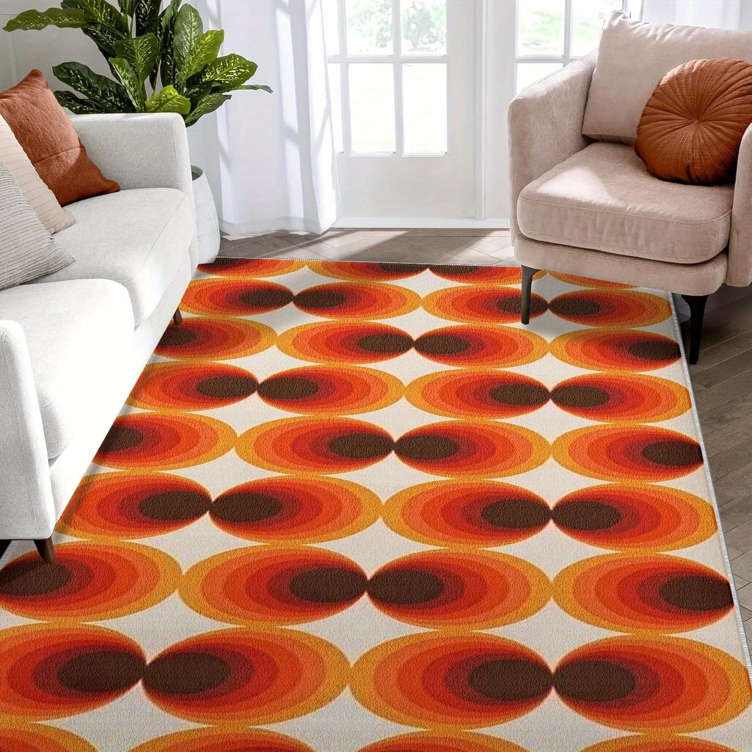 Tapis de salon orange et beige idéal pour créer un coin lecture chaleureux
