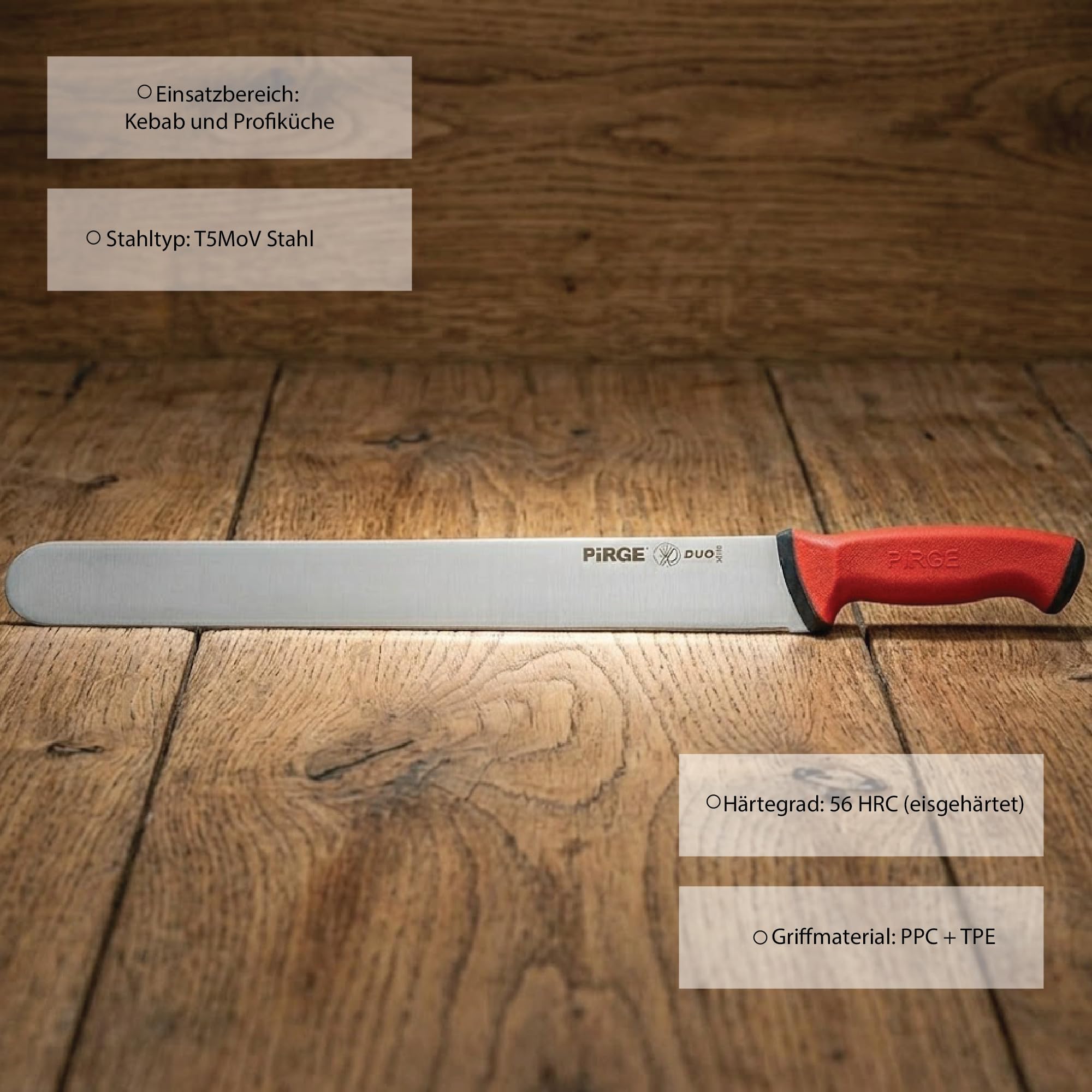 Pirge Duo Red Doner nóż do kebaba, 55 cm, długie ostrze ze stali nierdzewnej do krojenia mięsa i grillowania, profesjonalna jakość szefa kuchni, ergonomiczny uchwyt