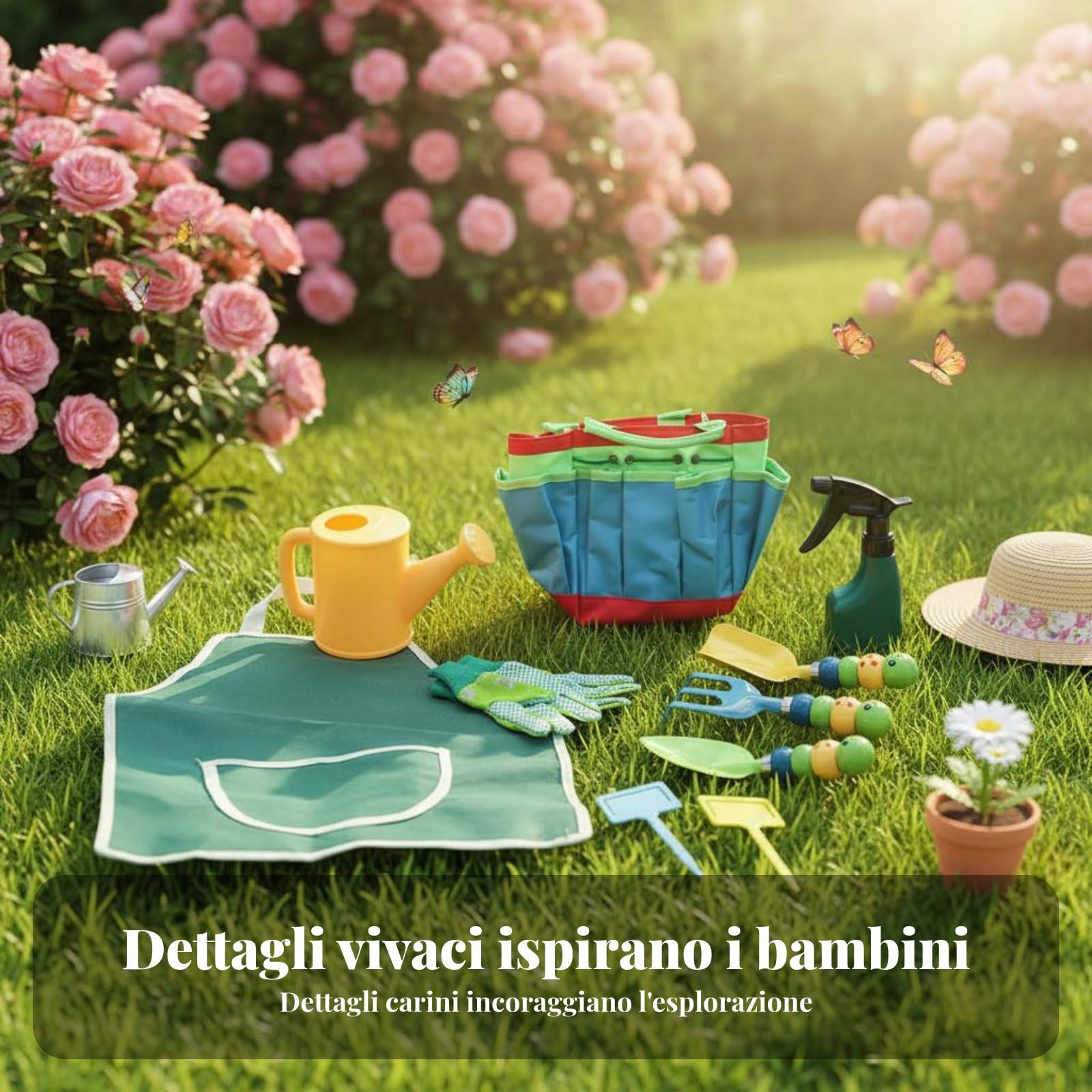 Set Giardinaggio Bambini Attrezzi Paletta Rastrello Trapiantatore Guanti con Borsa Ordine E Trasporto Metallo Robusto Gioco Allaperto Adatto per Orto, Caterpillar 10 Pezzi