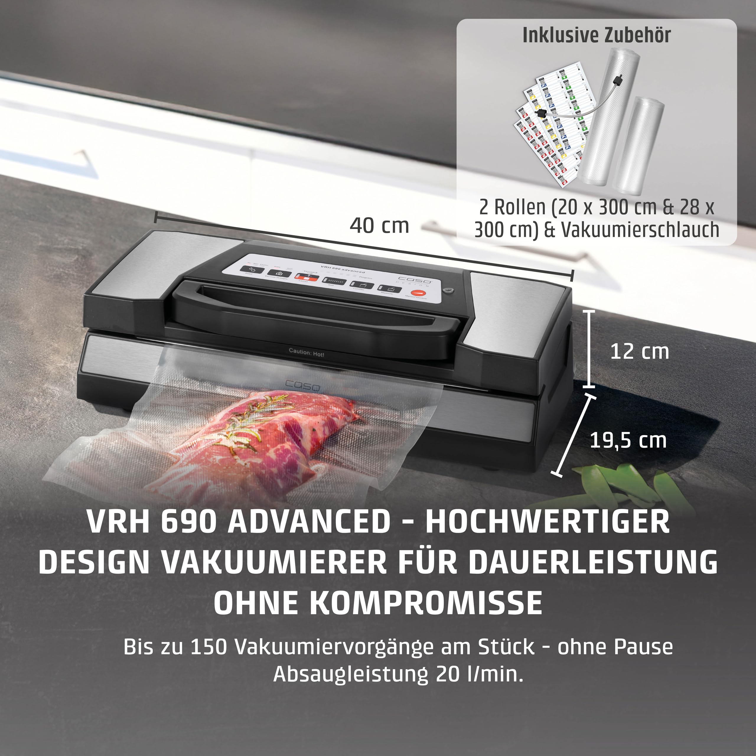 CASO VRH 690 Vakuumierer, Vakuumiergerät für Lebensmittel, 150 Vakuumiervorgänge, doppelte Schweißnaht, 20 L/min, Cutter, inkl. 2 Folienrollen