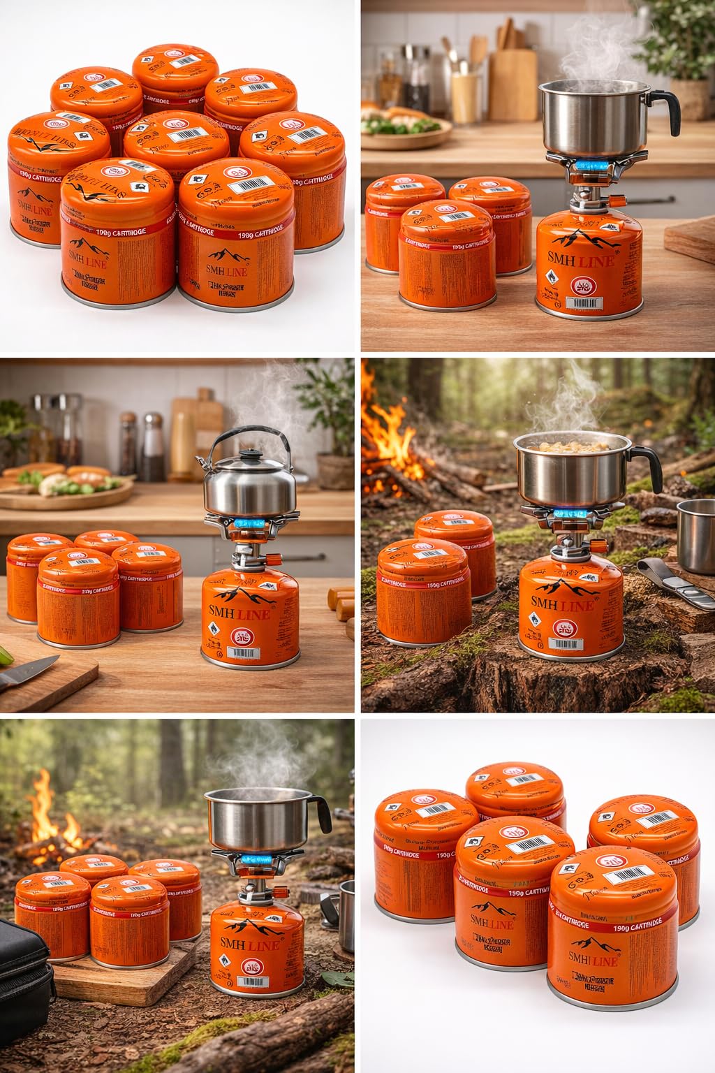 SMH LINE® Lot de 12 cartouches de gaz butane perçables universelles de 190 g avec valve de sécurité, brûleur Bunsen, gaz propane, réchaud de camping, chauffage à gaz, chalumeau, système d'arrêt de gaz