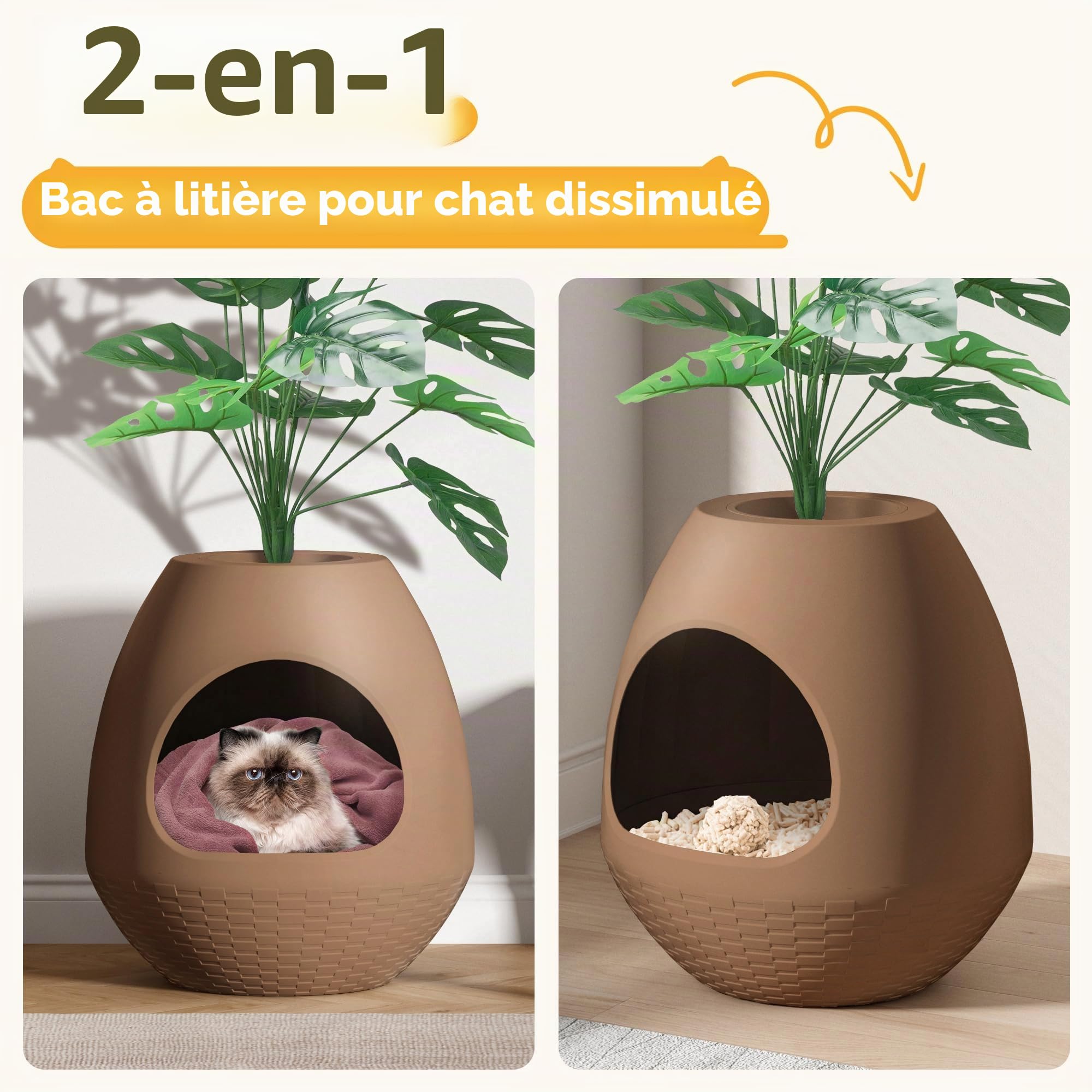 Bac à litière multifonction avec couvercle - Avec semelles en plastique pratiques - Convient à la plupart des chats - Choix idéal pour les appartements et les bureaux - Marron