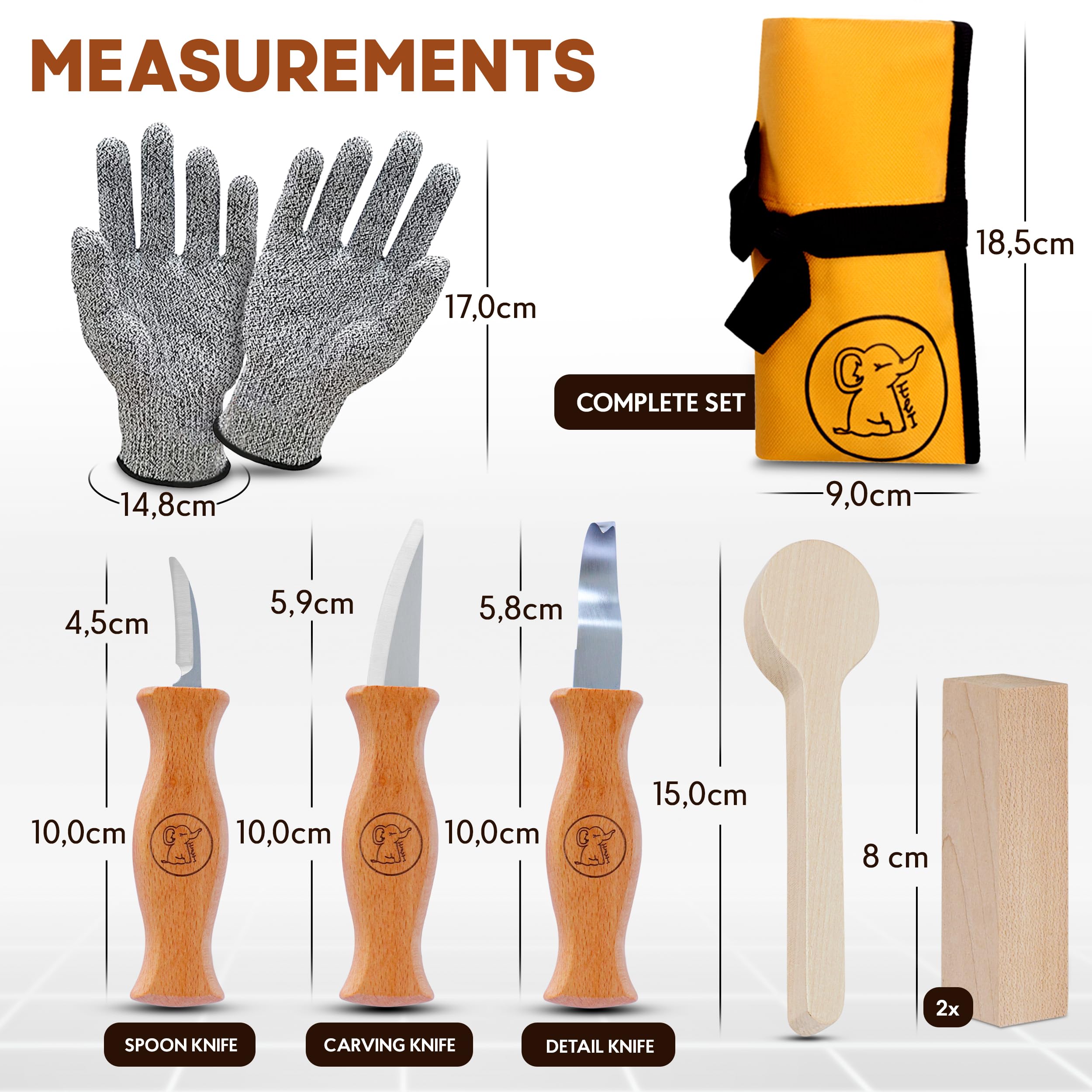 Eli®Set di coltelli da intaglio per bambini a partire da 6 anni, set di coltelli da intaglio per bambini di alta qualità da 8 pezzi, inclusi guanti, utensili da intaglio, legno di tiglio
