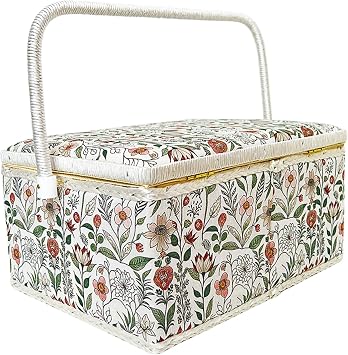 Large Empty Sewing Basket Box with Removable Tray for Mending Crafting and Storage, Green Garden