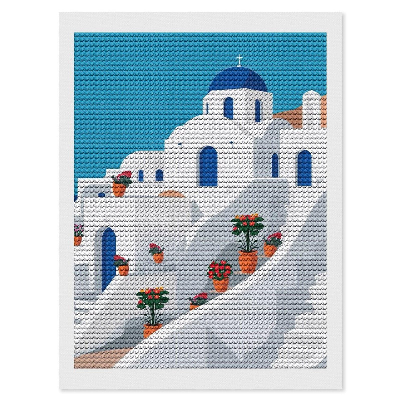Junmoney Santorini Architecture with Flowers Diamond Painting Kit 12"x16", Easy Handmade Project, Easy to Enjoy, Aesthetic Room Decor, Christmas Gift