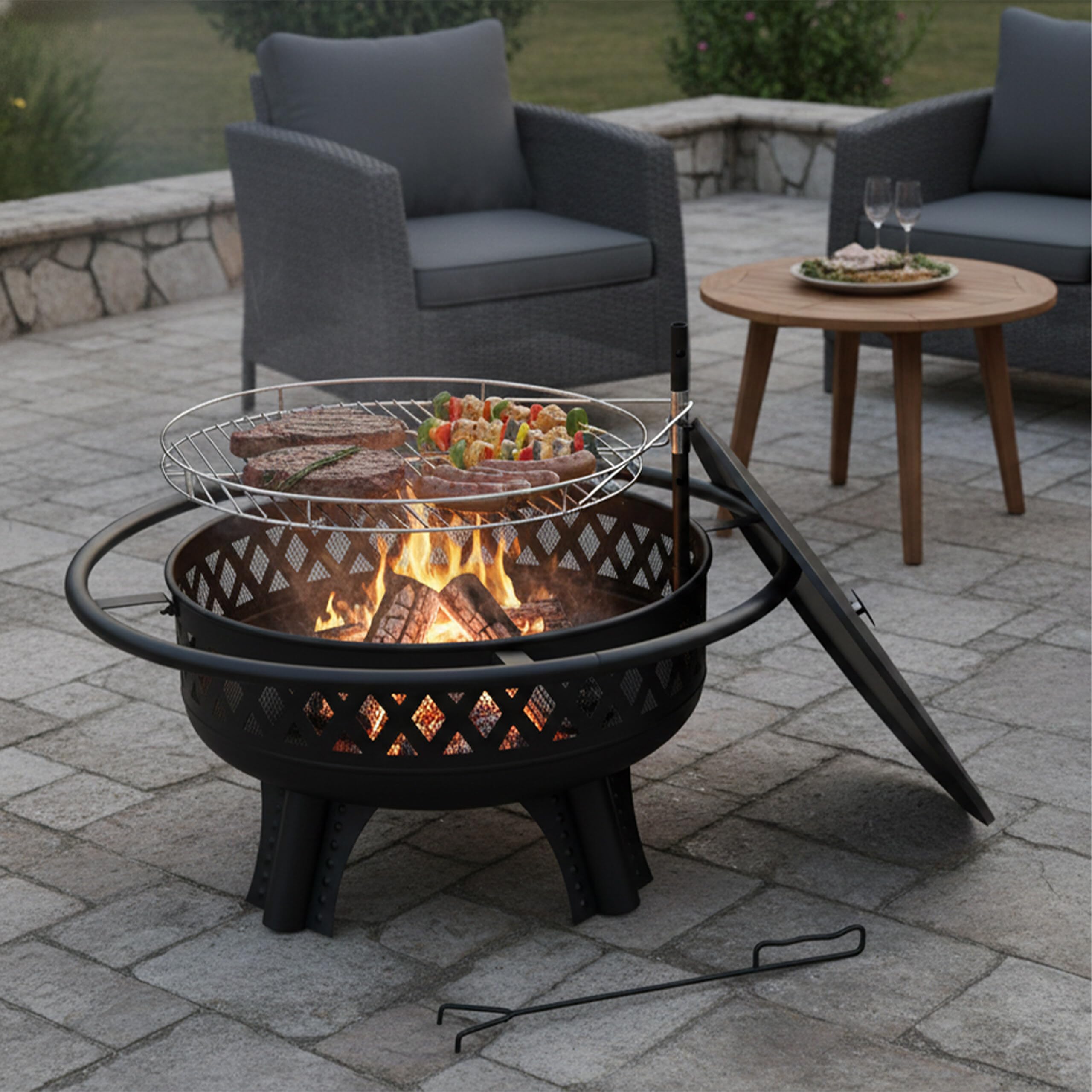 Relaxdays Feuerschale, Ø 80,5 cm, Verstellbarer Grillrost, Deckel & Schürhaken, Feuerstelle Garten, Feuerkorb, schwarz
