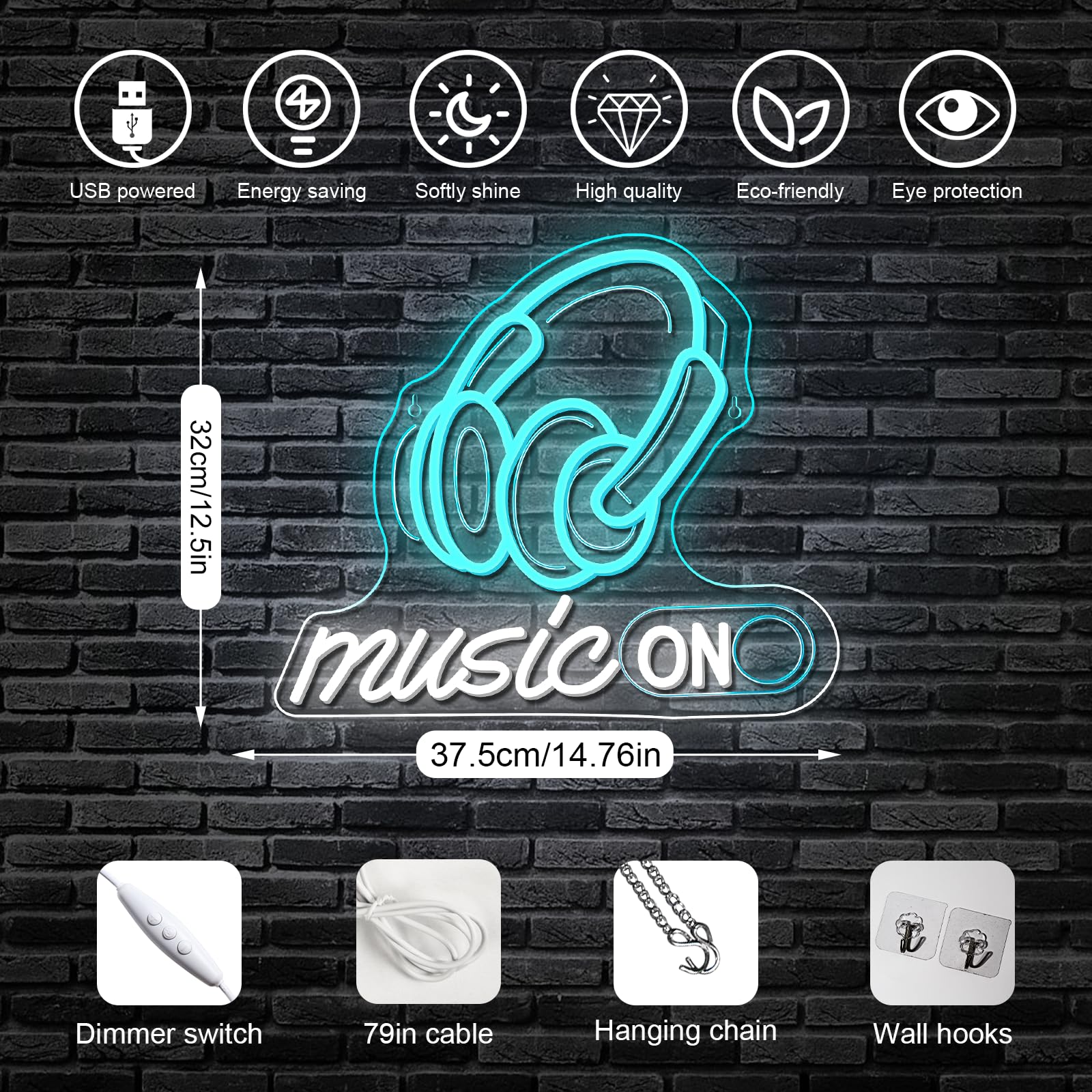 Horseneon Letrero de neón rítmico LED para decoración de pared para estudios de DJ, salas de música y configuraciones de jugadores, alimentado por USB con brillo ajustable, diseño de auriculares