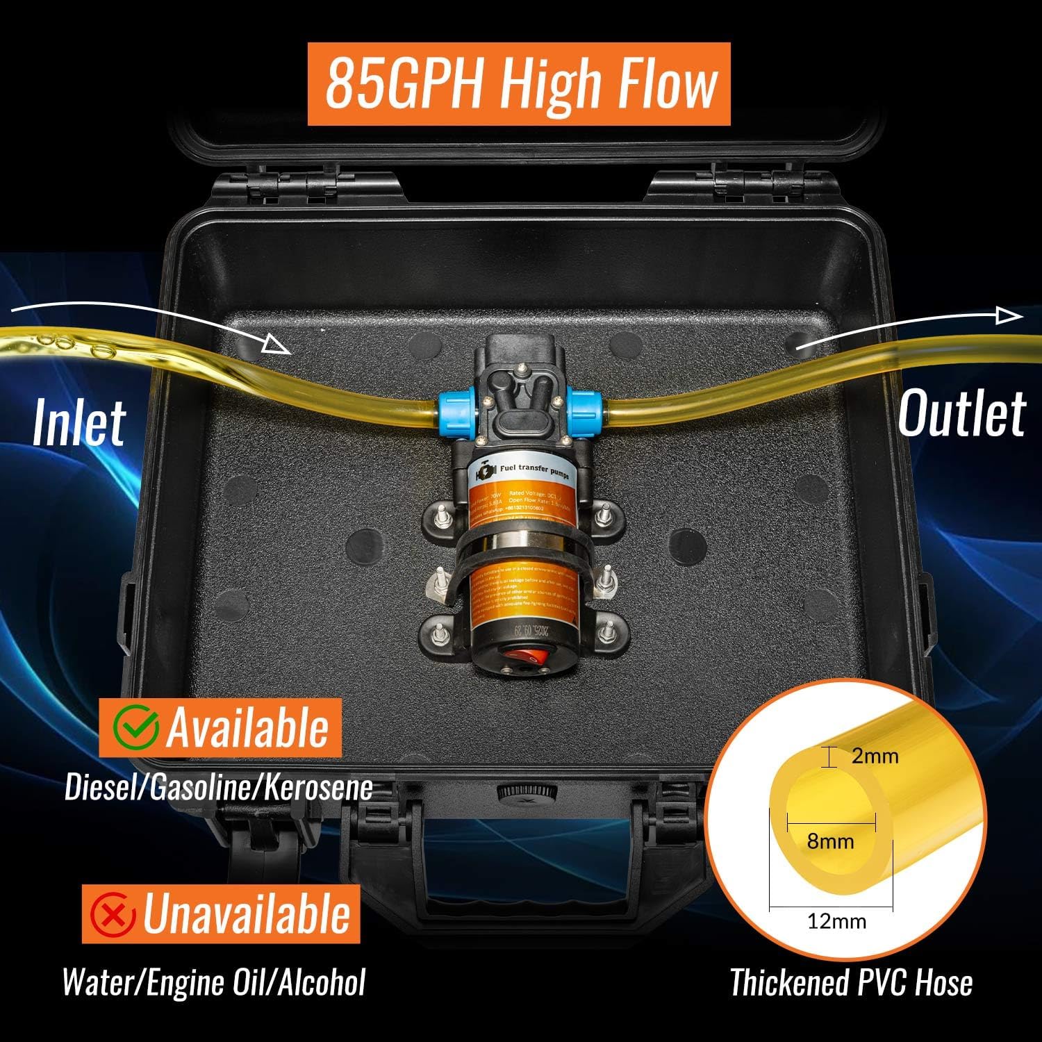 24V 85GPH Fuel Transfer Pump Set with Patented Pulley Lead Pipe & Battery Adapter, Compatible with DeWalt 20V Battery, for Vehicles, Boats (85GPH 24V, Pump with Yellow Adapter)