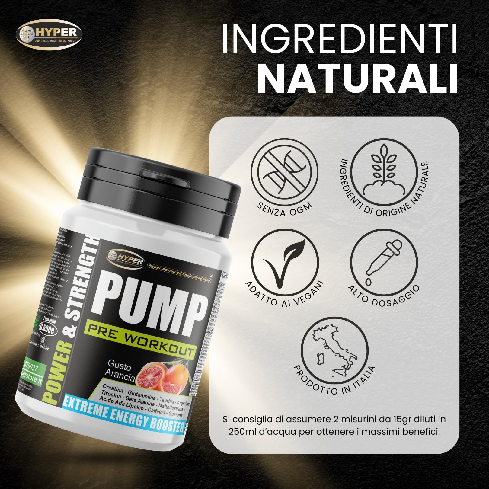 Hyper Pre Workout Potente Power & Strength Pump 500 gr - Preworkout Bodybuilding con Creatina, Glutammina, Taurina, Arginina, Tirosina, Acido Alfa Lipoico, Beta Alanina, Caffeina e Guaranà.