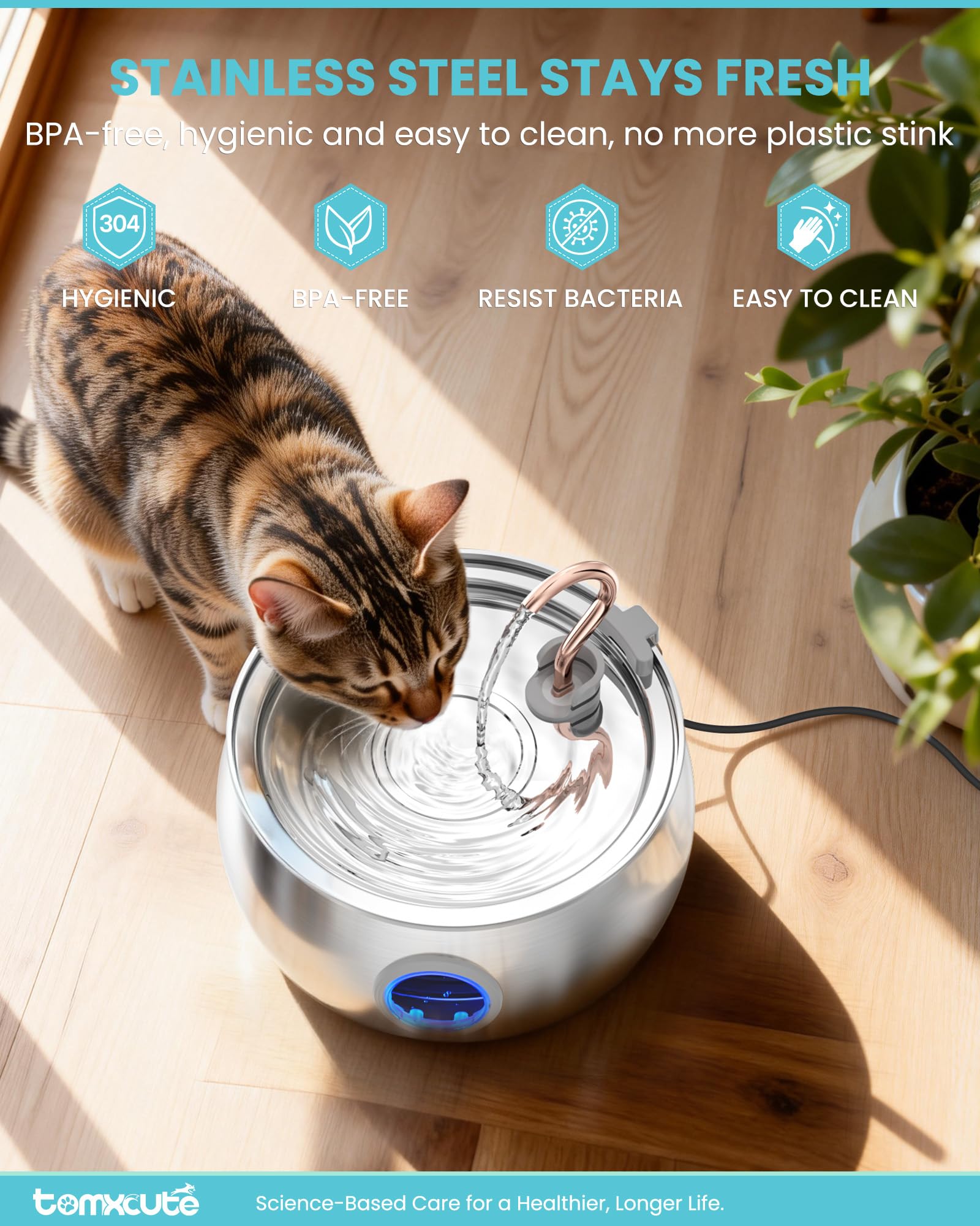 Tomxcute Fontana per gatti in acciaio inox, 4,0 l, design a collo di cigno, fontana per gatti e interni, con 3 filtri di ricambio