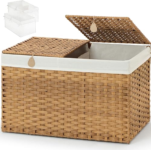 KUREEISE Cesta de almacenamiento con 2 tapas separadas, cesta de ratán tejida a mano de 160 litros con forro y asas de algodón, cesta de