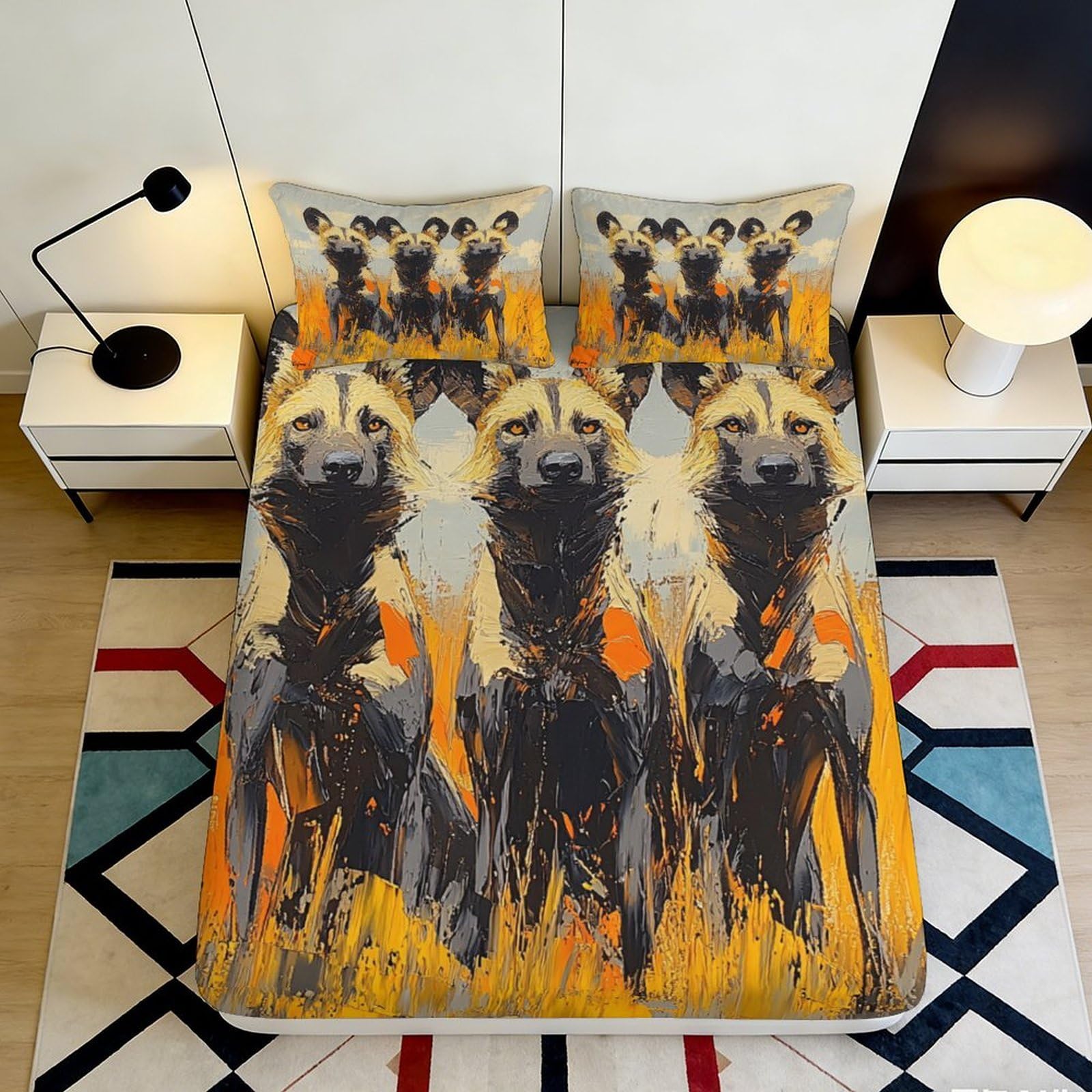 3D Printed Abstract Wolf Fitted Sheet Microfiber Orange Black Graffiti Mattress Cover for Bedroom Dorm Decoration 90x200x25cm