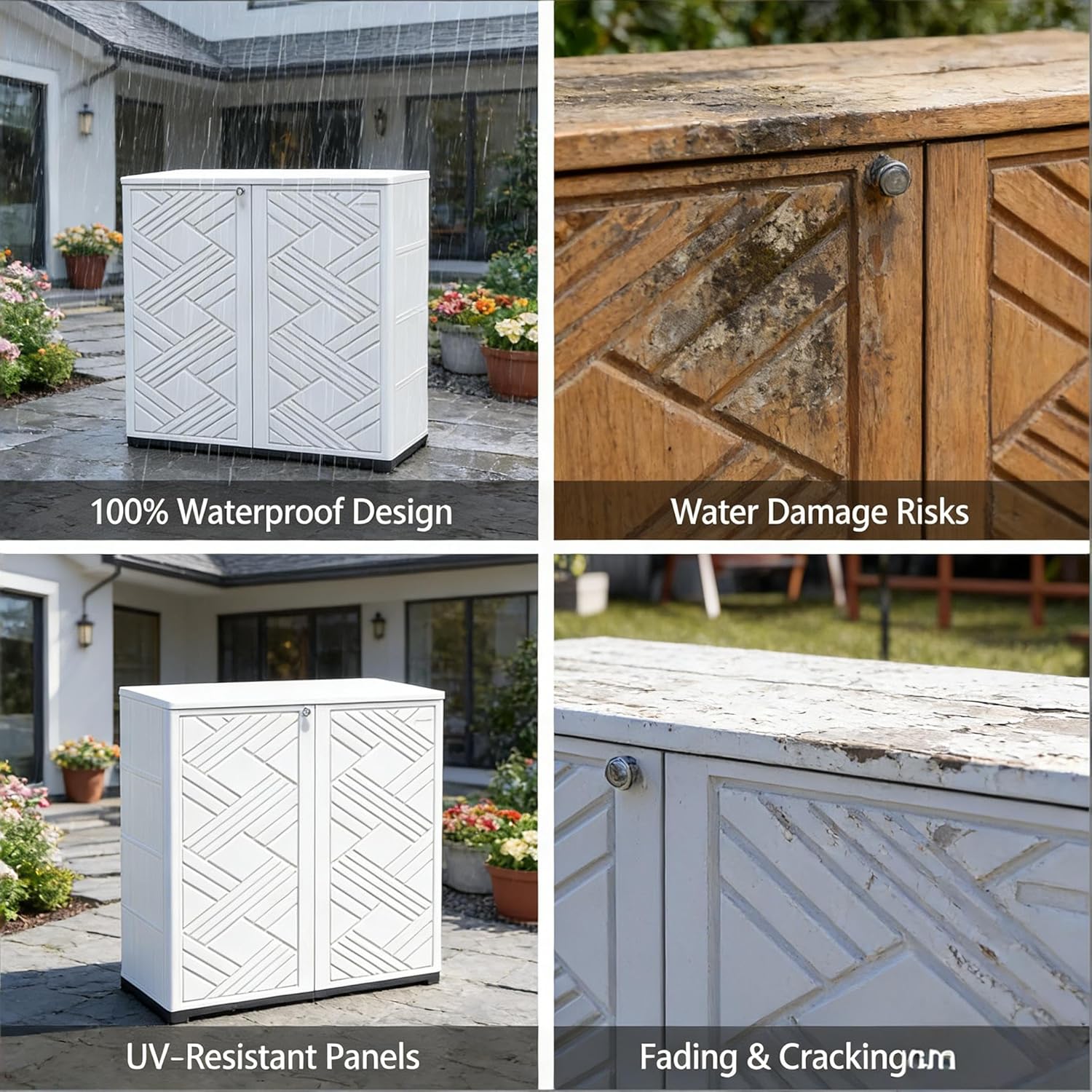 Outdoor Storage Cabinet with Lockable Doors, Portable Horizontal HDPE Plastic Storage Shed, Outdoor Waterproof Storage Cabinet for Pool Storage, Garden Shed, White