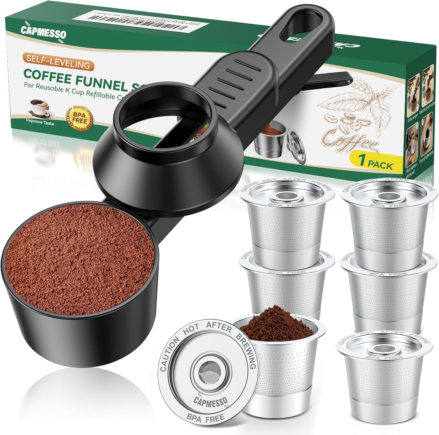Coffee Scoop & 6 Pack Reusable K Cups Coffee Pods for Keurg 1.0: 2 Tablespoon Coffee Measuring for Stainless Steel Refillable K Cup - Innovative Design