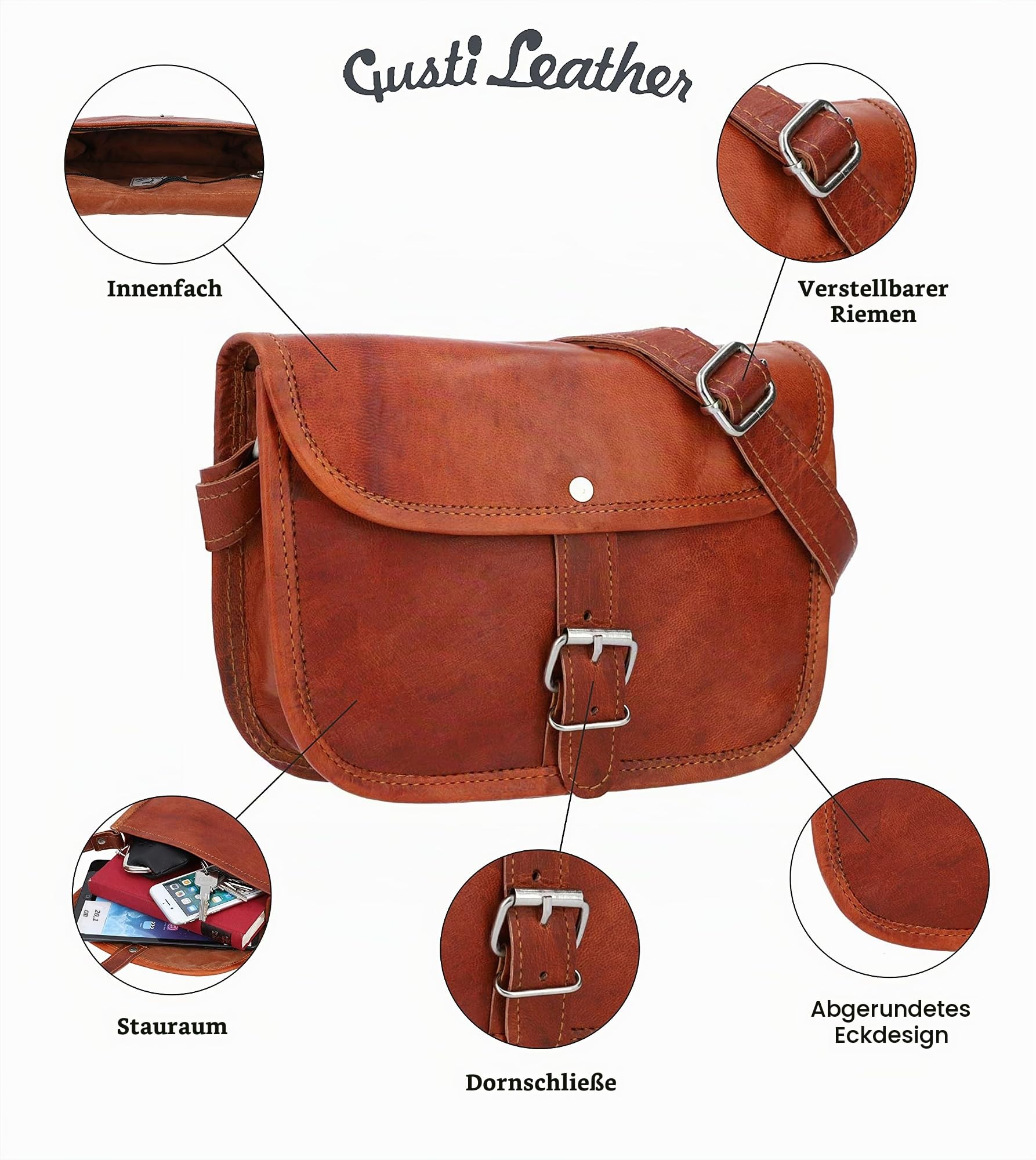 Gusti Leder Umhängetasche Mary I Handgefertigte Ledertasche Damen für Alltag & Freizeit I Elegante Leder Handtasche Damen aus Ziegenleder