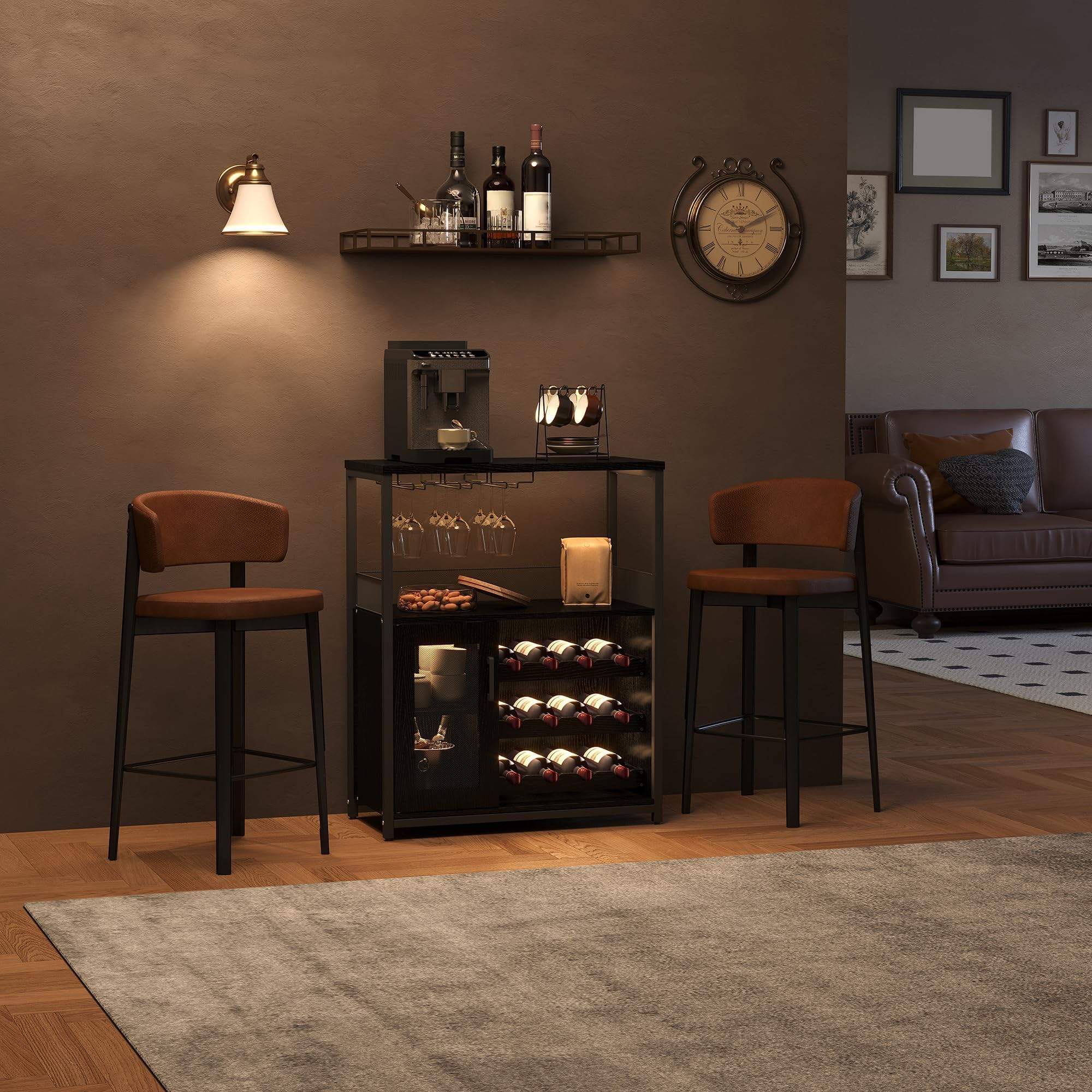 Weinlagerschrank LED Licht, höhenverstellbares Weinregal & Gläserhalter, Getränkeschrank für Küche, Esszimmer oder Wohnzimmer stilvolle Aufbewahrung für Weinflaschen, 70x35x92 cm Schwarz