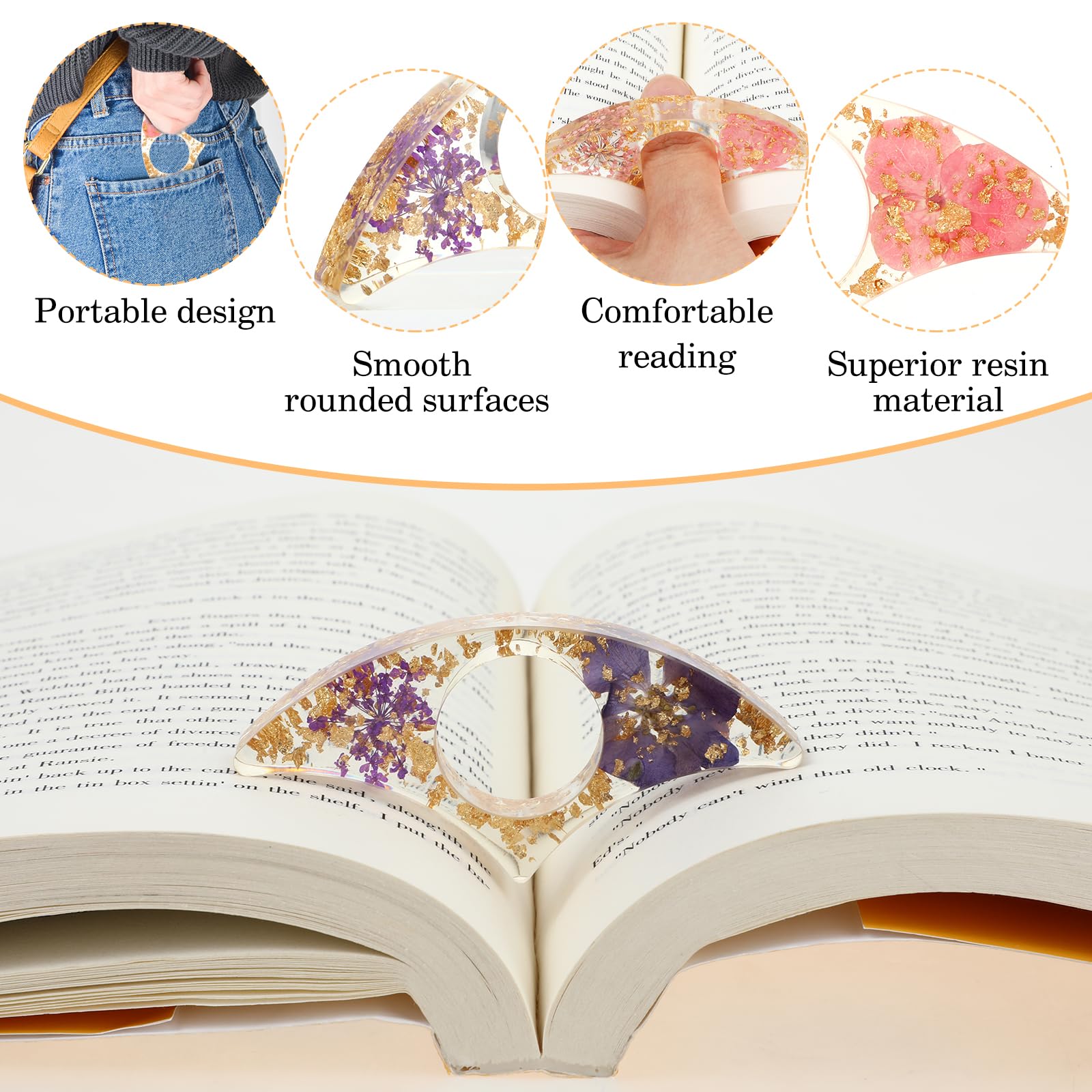 TIESOME Pagina houder voor boekjes, 2 stuks, transparante gedroogde bloemen, bladwijzers, hars duim duim, boekenopener, boekenopener, leesaccessoires (kleur 1