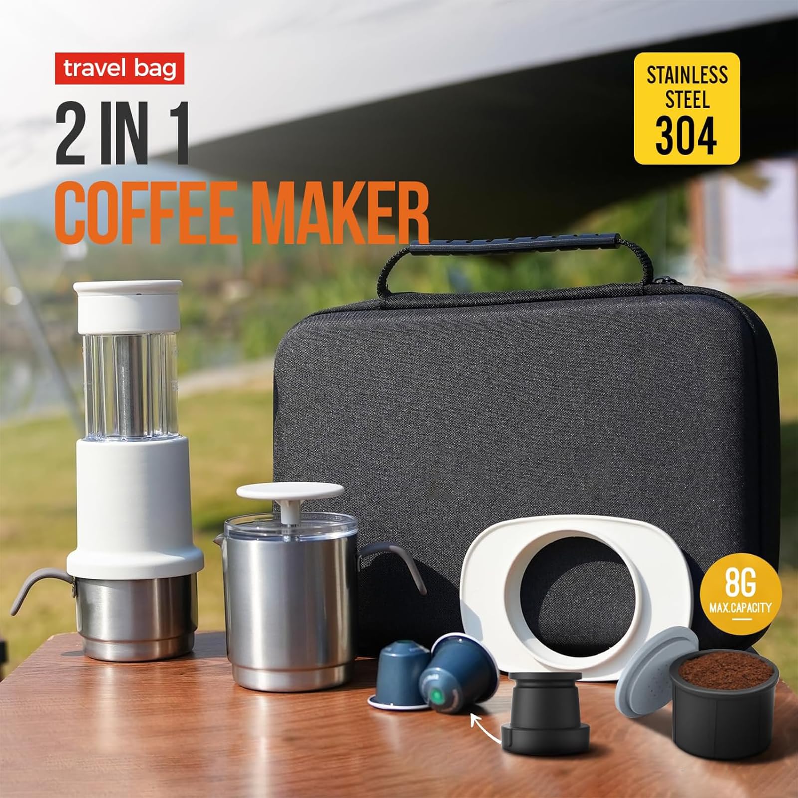 Máquina de café expreso portátil,Cafetera Portátil Cápsula de Espresso 3 en 1, Operación Manual, Mini Cafetera de 10-15 Bares, Máquina Café pequeña para Viajes, Camping