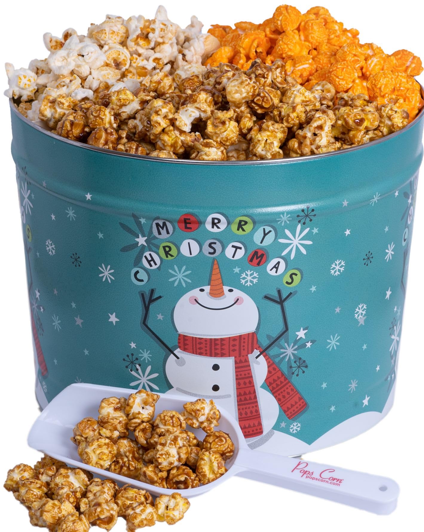 2 Gallon Gourmet Christmas Popcorn Gift Tin – Holiday Variety Pack with Caramel, Cheddar & Kettle Corn | Free Scooper + Stay-Fresh Lid | Kosher, GMO-Free Corn, Gluten-Free