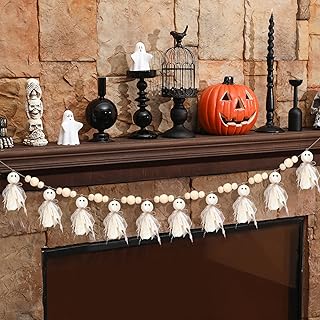 7Ft Halloween Garland Primitive Cute Halloween Ghost with Wooden Beads B...