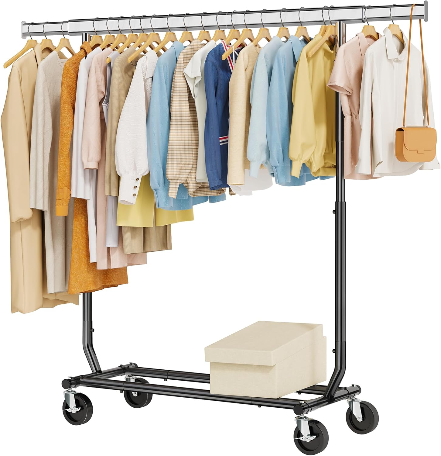 tajsoon clothes rack heavy duty clothing rack load 350 lbs, metal garment rack with wheels & extendable rod, rolling collapsible clothes racks for hanging clothes with bottom shelf, black black single rod commercial