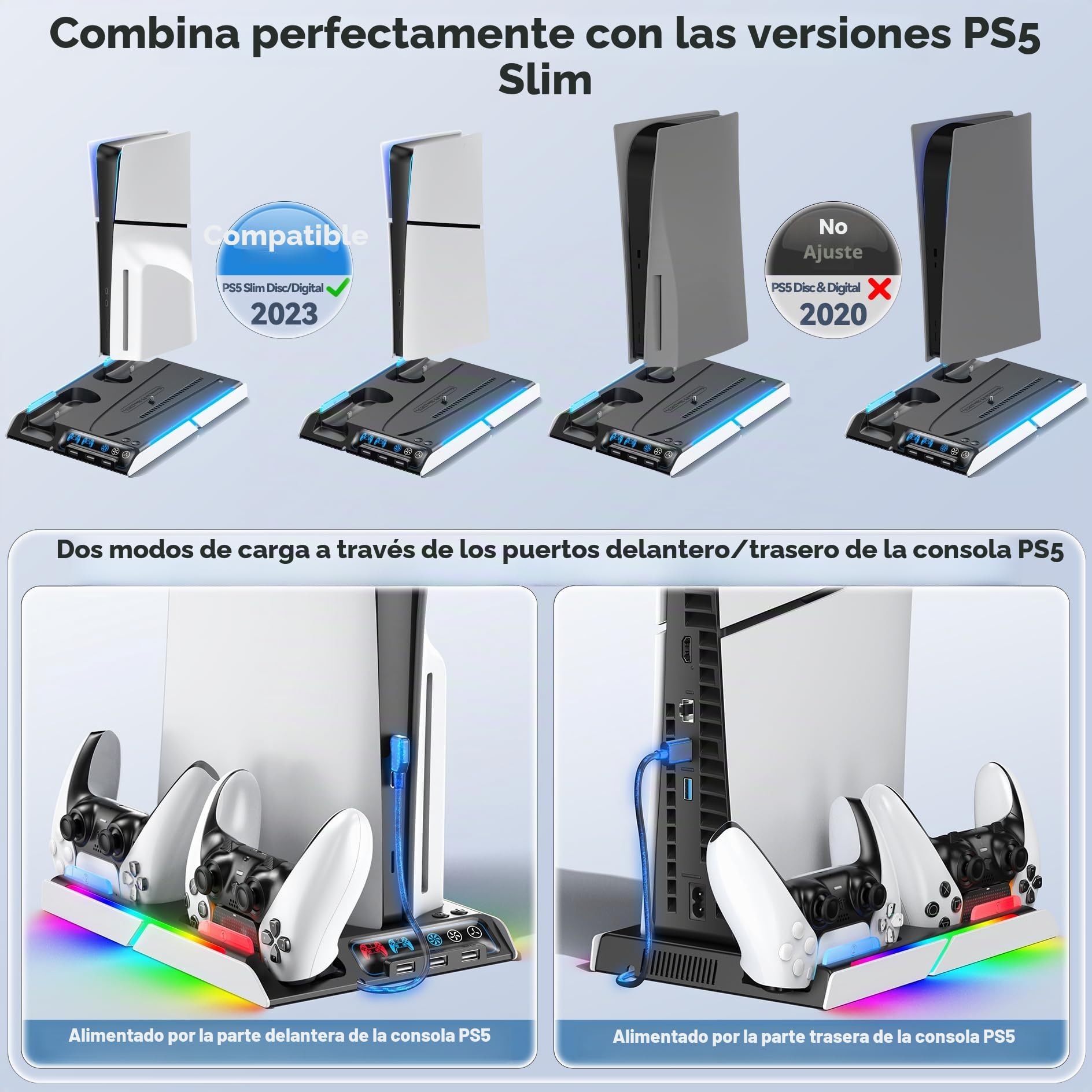 Soporte PS5 Slim con Ventilador Refrigerador, Base de Carga Dual y Sensor, Soporte Mando para Edición Delgada/Versión Digital y de Disco