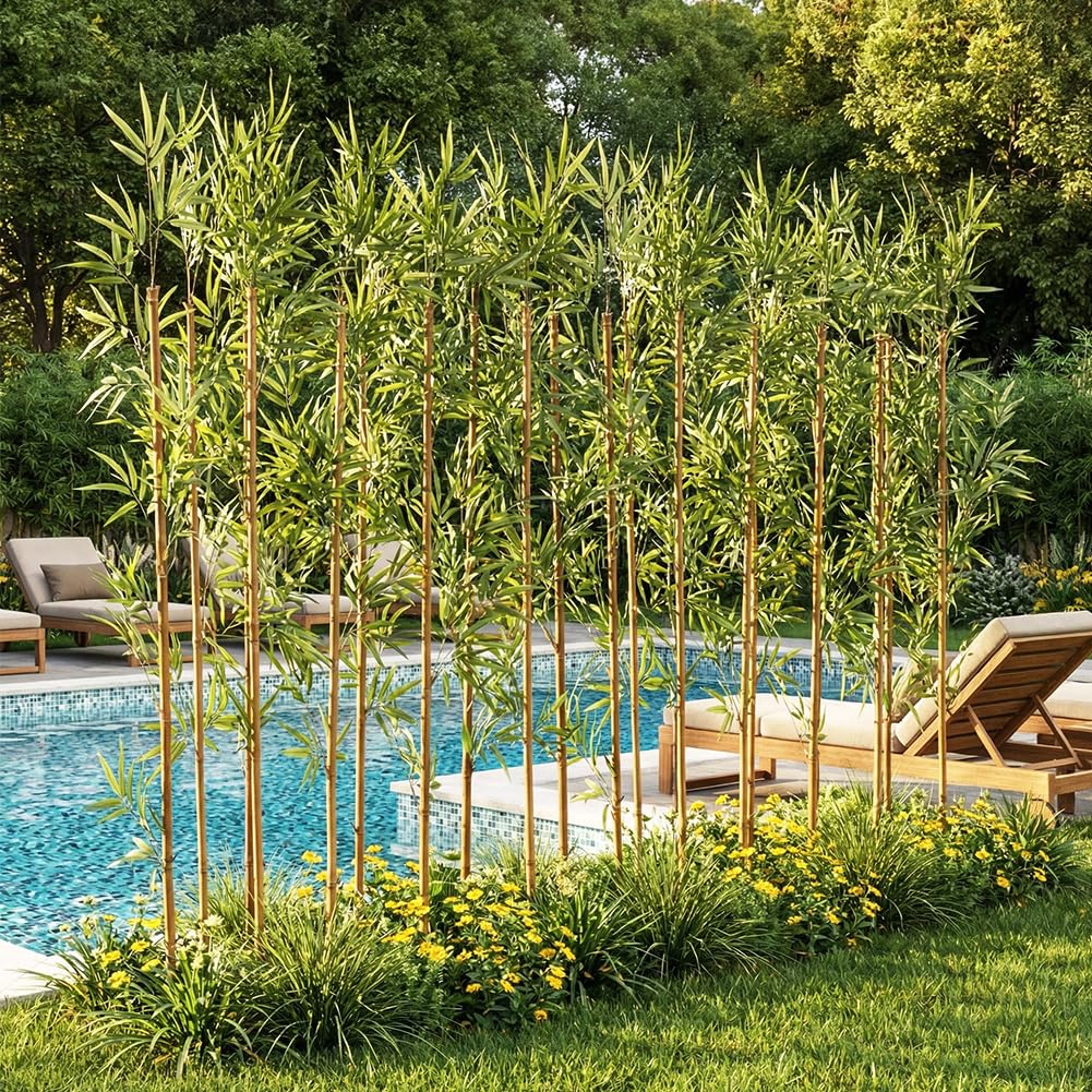 VeriNatural Künstlicher Bambus 150 cm, UV-beständig, 24 echte Bambusstäbe | Kunstpflanze mit echten Bambusstäben,flexibel kombinierbar als Sichtschutz,Pooldeko,Garten-und Wohnraumdeko