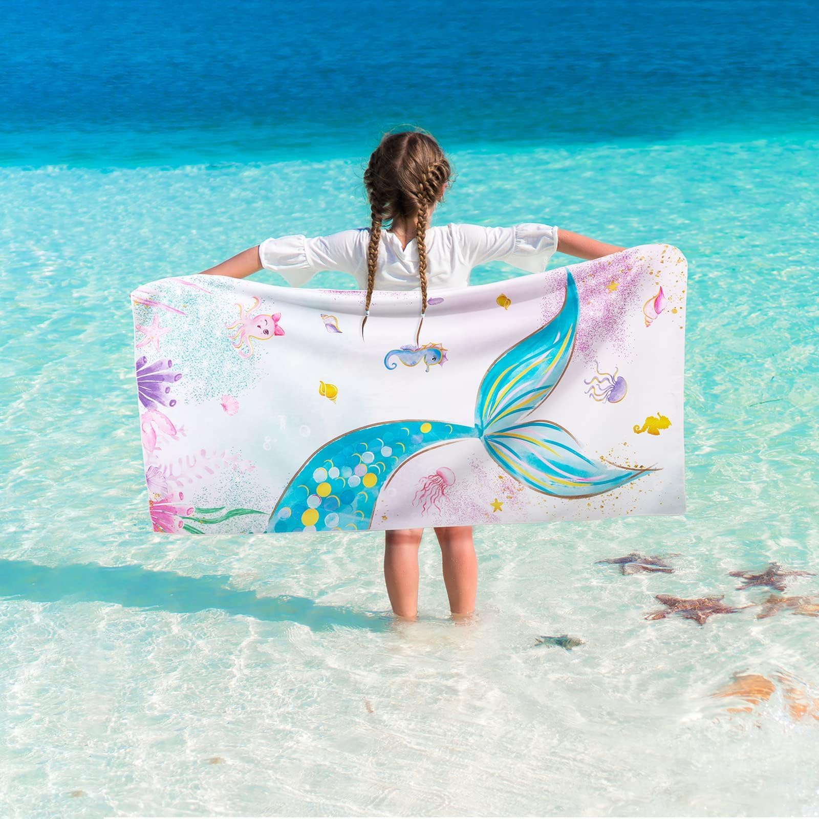 WERNNSAI Mermaid Kids Beach Towel - 30” x 60” Microfiber Mermaid Sand Free Towels for Girls Bath Pool Camping Travel Towel Quick Dry Ultra Absorbent