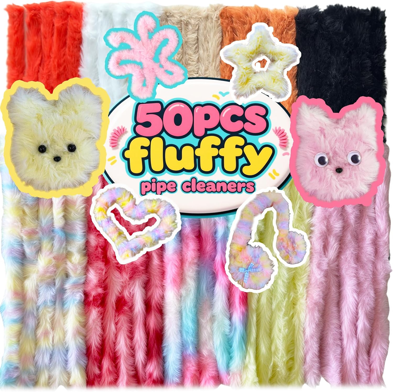 50 Pcs Fuzzy Pipe Cleaner 10 Colors Large Pastel Extra Thick Fluffy Jumbo Fur Soft Chenille Stems 30 mm x 12 Inch, Creative DIY Projects Art Craft