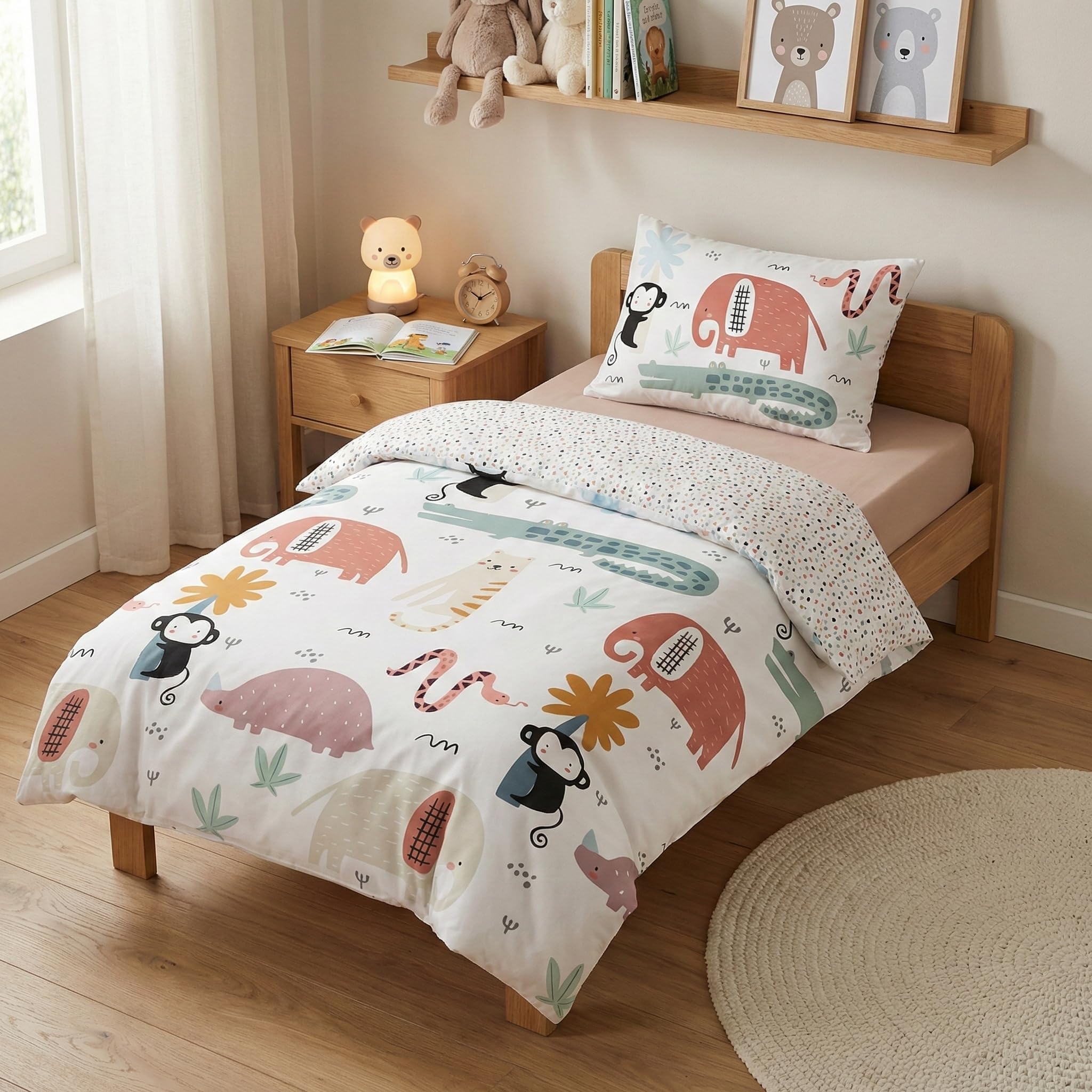 Aymax Parure de Lit Little Animals pour Bébé ou Petit Lit - Housse de Couette Animaux de la Jungle 100x135 cm + Taie d'oreiller 40x60 cm - Certifiée Oeko-Tex - Motif Éléphant, Singe, Crocodile