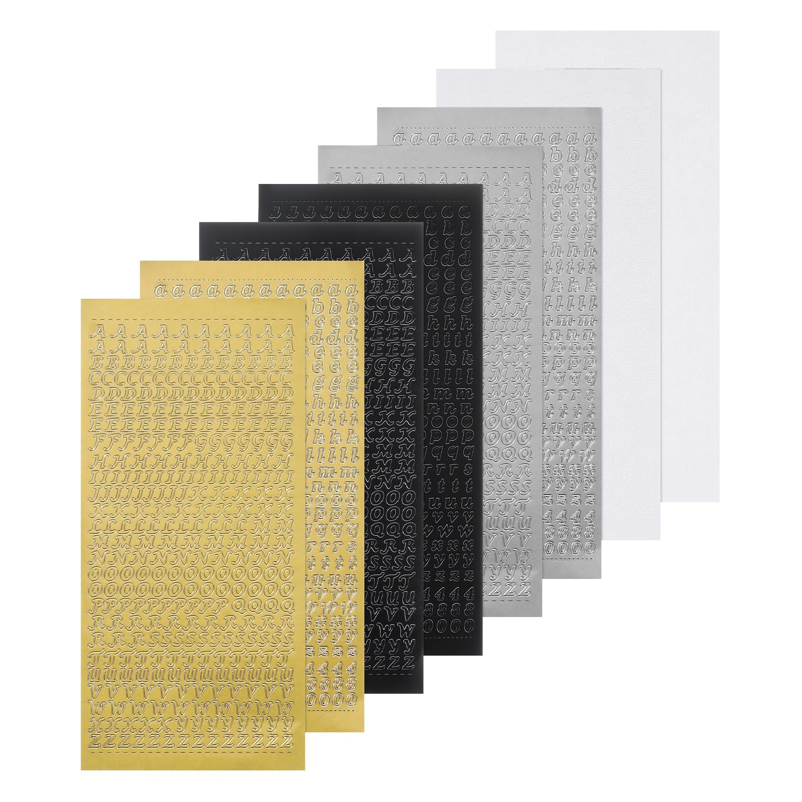 QUARKZMAN 8 Hojas de Pegatinas de Letras de Glitter Vinilo Impermeable 3D Pequeñas Mayúsculas y Minúsculas A a Z Autoadhesivas para Decoración de Álbumes, Oro/Plata/Blanco/Negro