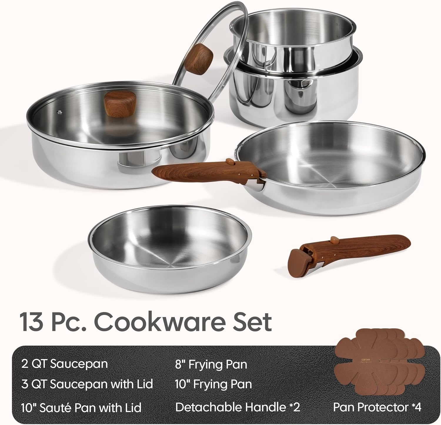 CAROTE 13 PCS Tri-Ply Stainless Steel Cookware Set with Detachable Handle, Pots and Pans Set, Induction Kitchen Cooking Sets, RV/Camping Cookware, Oven Safe