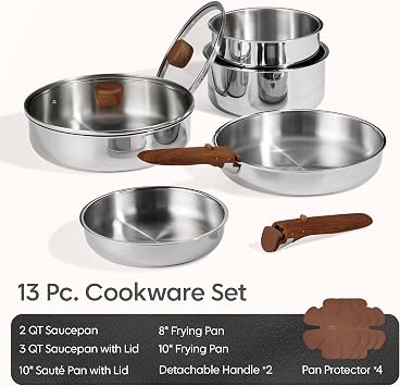 CAROTE 13 PCS Tri-Ply Stainless Steel Cookware Set with Detachable Handle, Pots and Pans Set, Induction Kitchen Cooking Sets, RV/Camping Cookware, Oven Safe
