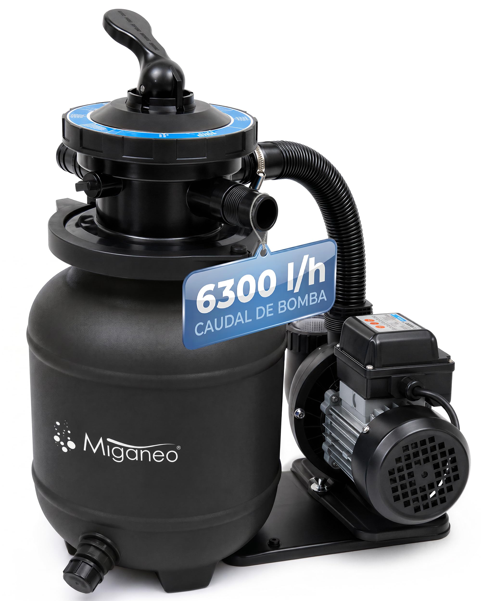 Miganeo® Speed Clean 7000 filtro de arena con temporizador para piscinas de hasta 22 m³ autoaspirante (Negro, Azul, Plata), negro