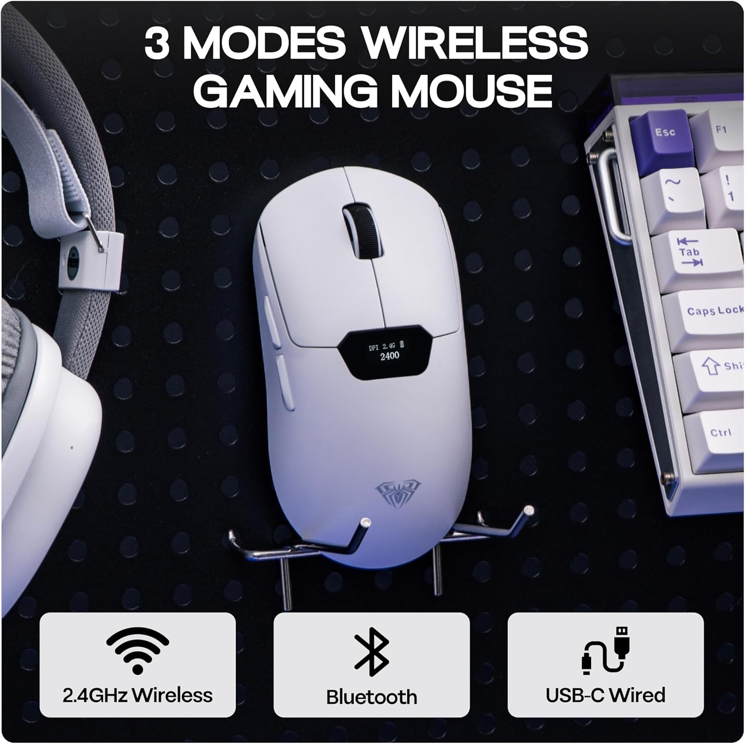 MechLands Aula SC390 Lightweight Gaming Mouse with Display Screen, 2.4G/USB-C/BT Wireless Mouse with 400mAh Battery, Adjustable 20,000 DPI & 1000 Polling Rate, PAW3311 Sensor, for Win/Mac (White)