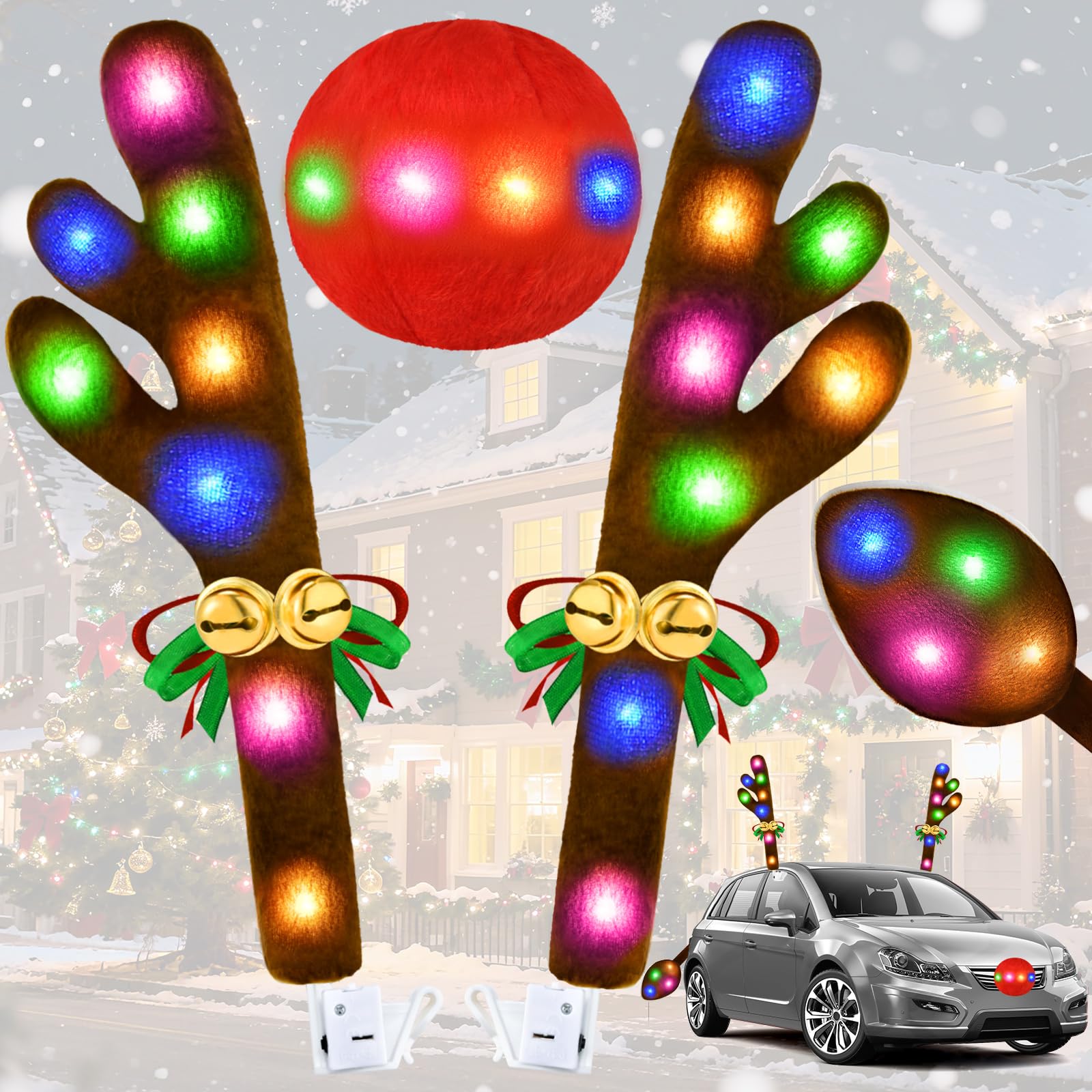 Christmas Car Decorations Reindeer Car Kit Antlers 2025, Jingle Bells Rudolph with Lights Reindeer and Nose, Tail Cute Costume Auto Accessories for Trunk Vehicles SUV Multicolor