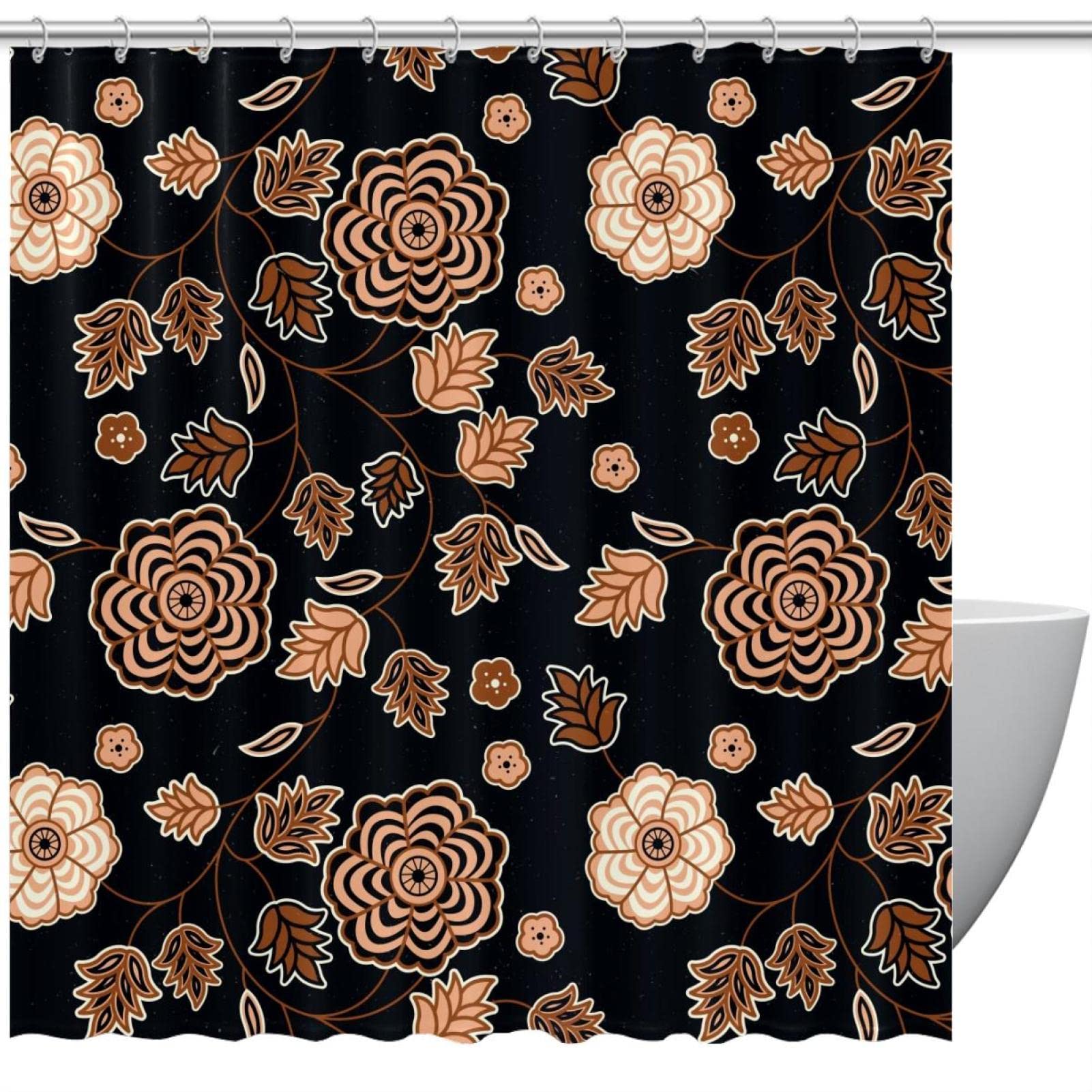 Rideau de douche chic noir 183 cm style vintage avec motifs de fleurs botaniques