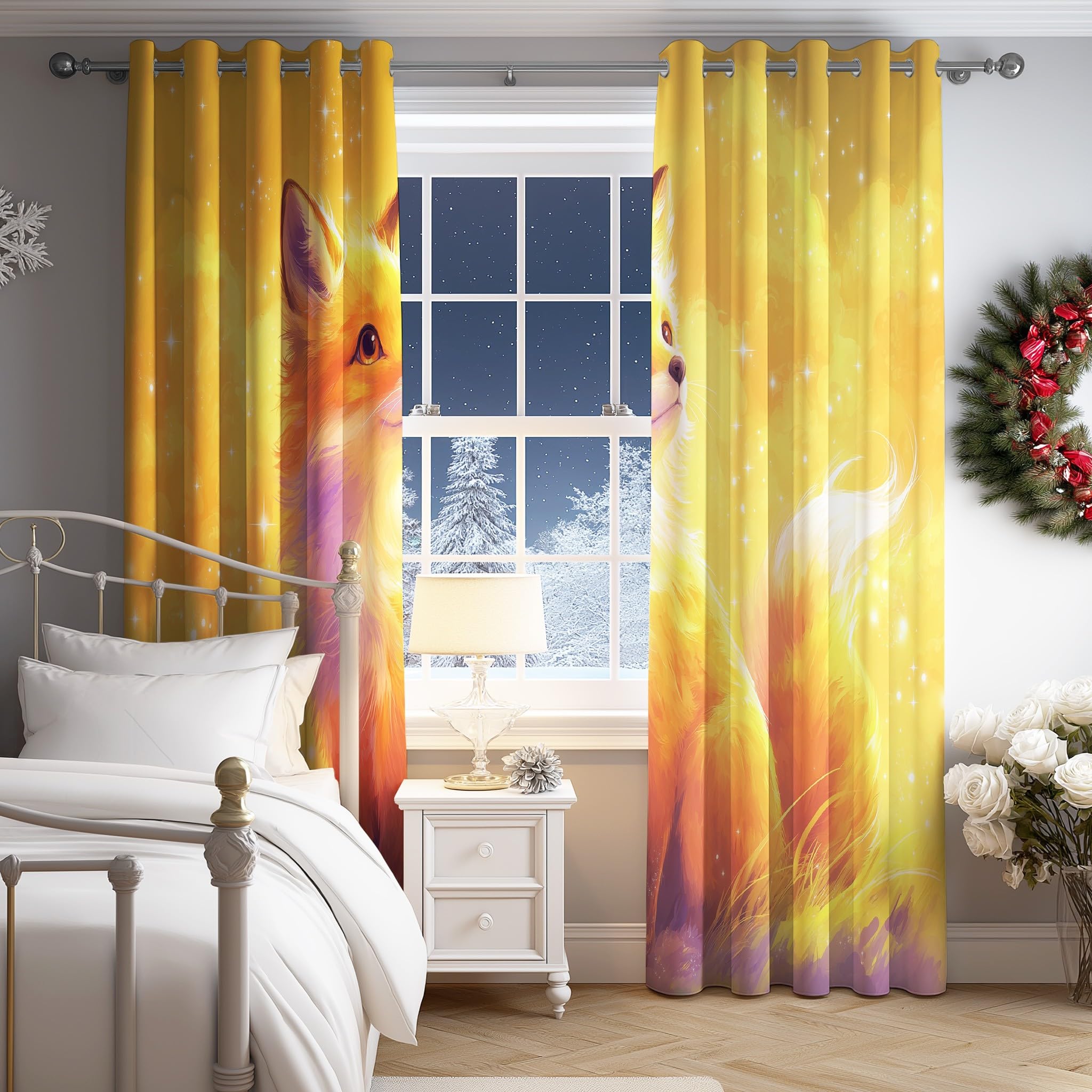 132An x 228Al CM Cortinas filtrantes de luz para Habitaciones Infantiles Dibujo Animado Acuarela Calido Zorro Bolsillo para Barra Cortinas para Vivero Jardín de Infancia 2 Panel Amarillo Morado