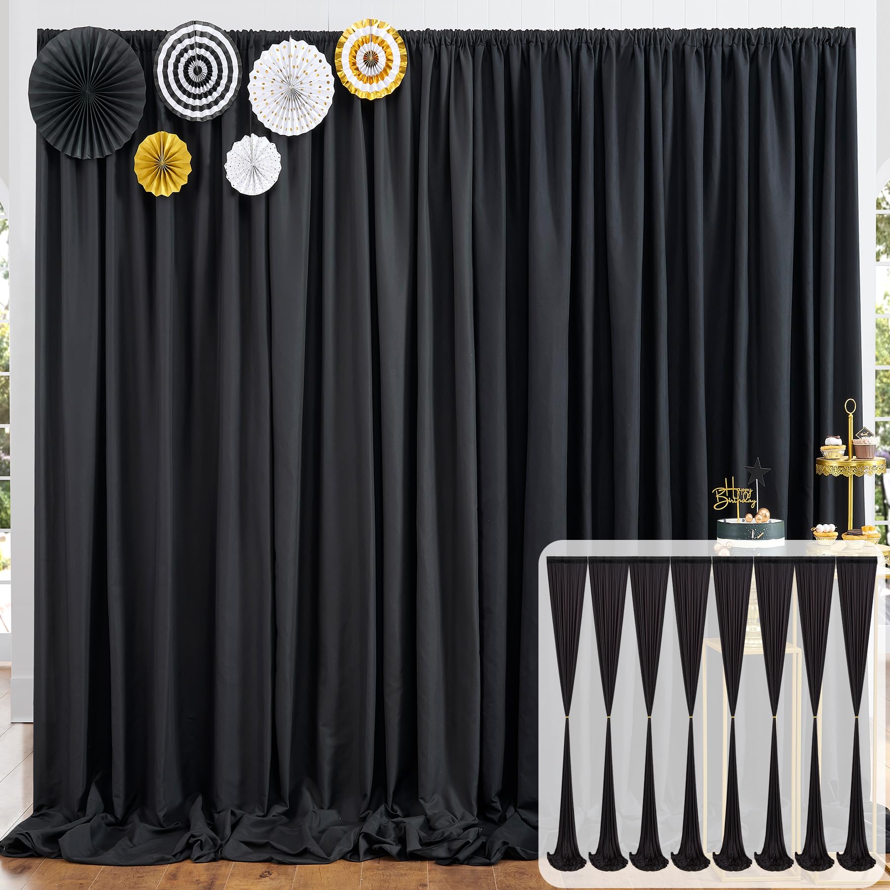 Photo 1 of Htper 40ft x 10ft Black Backdrop Curtain Panels for Parties, 8 Panels 5ftx10ft Thick Wrinkle Resistant Polyester Backdrop Drapes for Birthday Photography Weddings Party Home Decorations