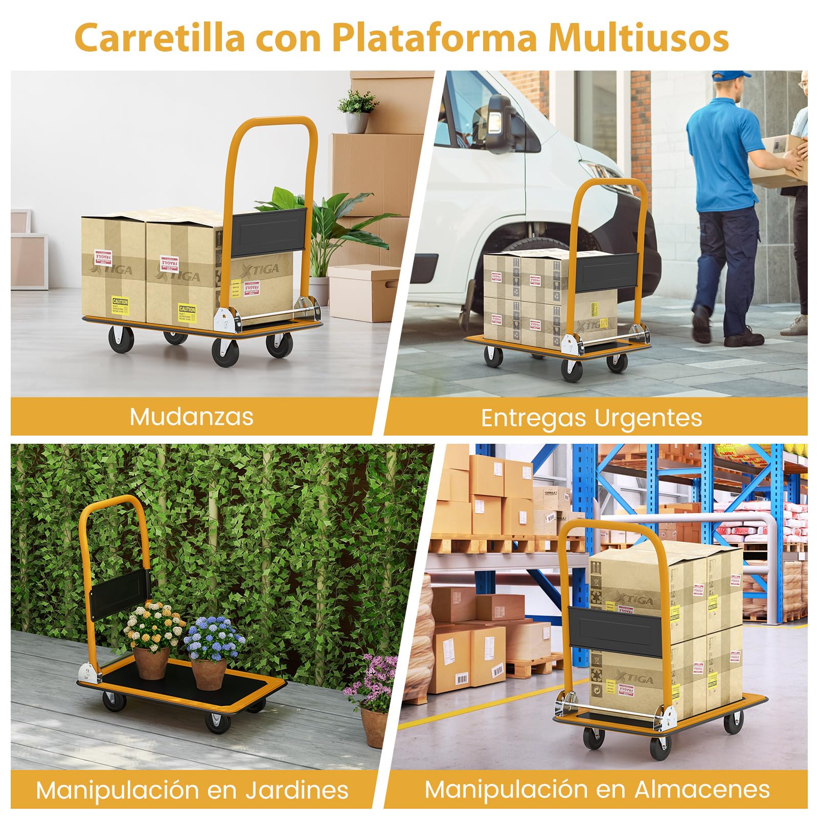 COSTWAY Carretilla Plegable hasta 150kg, Carretilla de Carga con 4 Ruedas Resistentes al Desgaste, Carro Plegable con Superficie, Carro Transporte Plegable para Todas las Superficies (Negro,48 x 73cm)