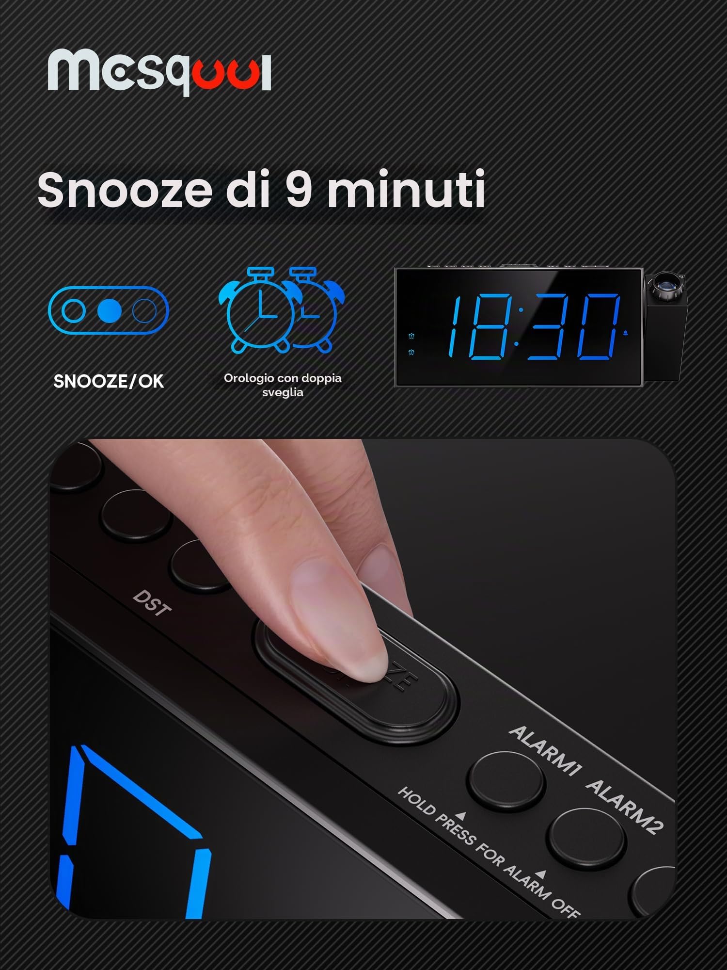 Sveglia di proiezione, display digitale da 7 pollici, doppio allarme, porta USB, volume di allarme regolabile, snooze, 12/24, backup batteria per camera da letto, soffitto, parete, casa, bambini,