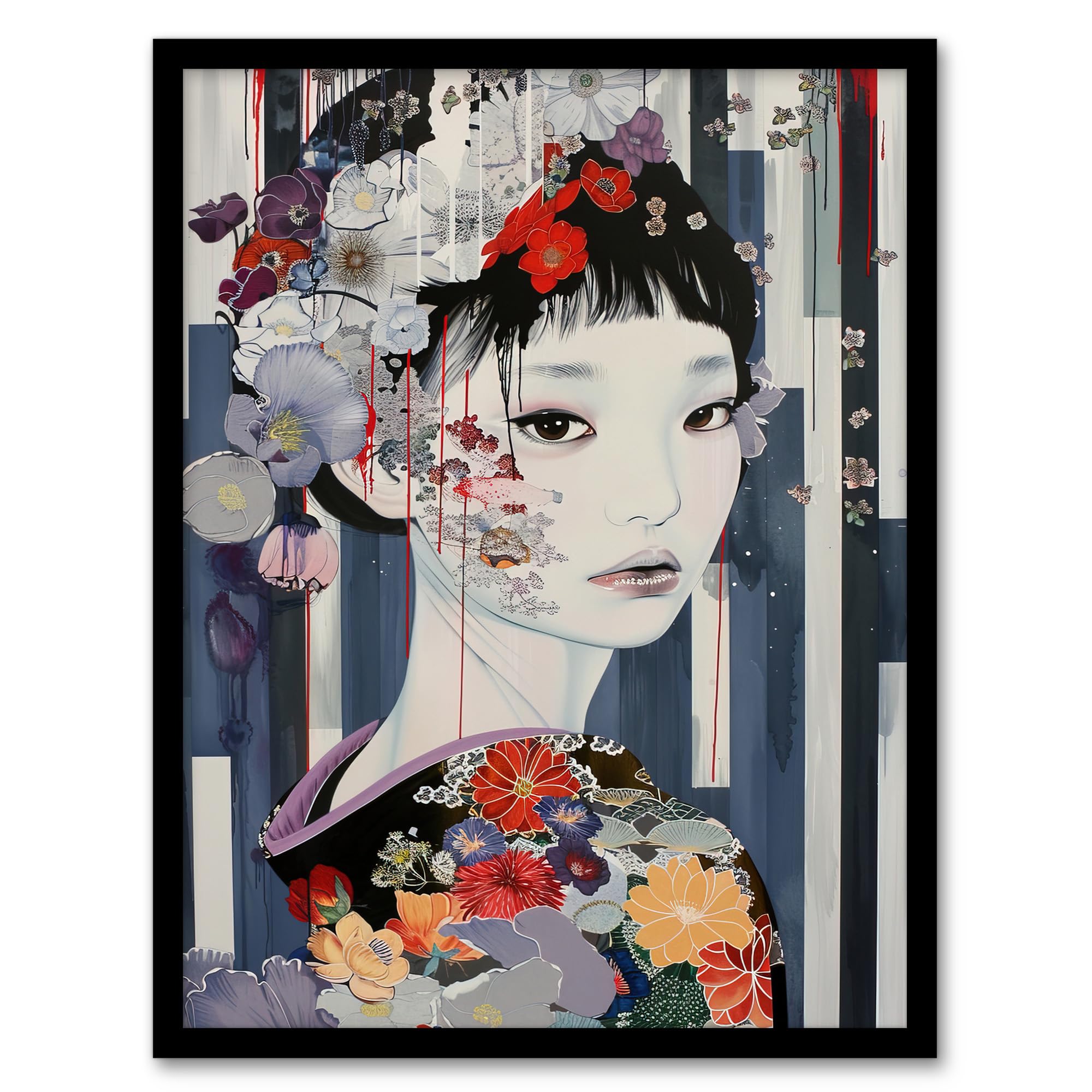 Artery8 Modern Japanese Woman Portrait in Delicate Floral Living Room Artwork Framed Wall Art Print A4