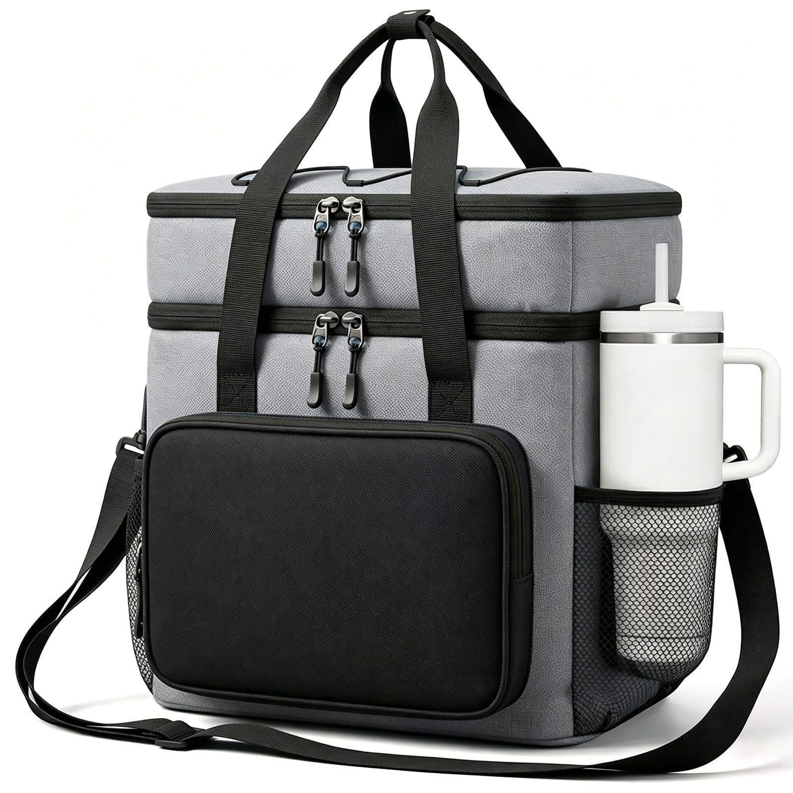 20L Double Deck Large Lunch Box,Reusable Insulated Lunch Bag with 4-Layer BPA-Free Material & Adjustable Strap,Leakproof Soft Cooler Bag for Men Adults Work/Beach/Camping/Picnic/Outdoor,Grey/Black