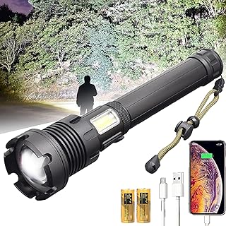 LED Rechargeable Tactical Flashlight 90000 High Lumens, XHP160 Super Bright Handheld Flashlights with COB Side Worklight,7 Modes Zoomable IPX4 Waterproof High-Power Flashlight for Emergencies, Fishing.