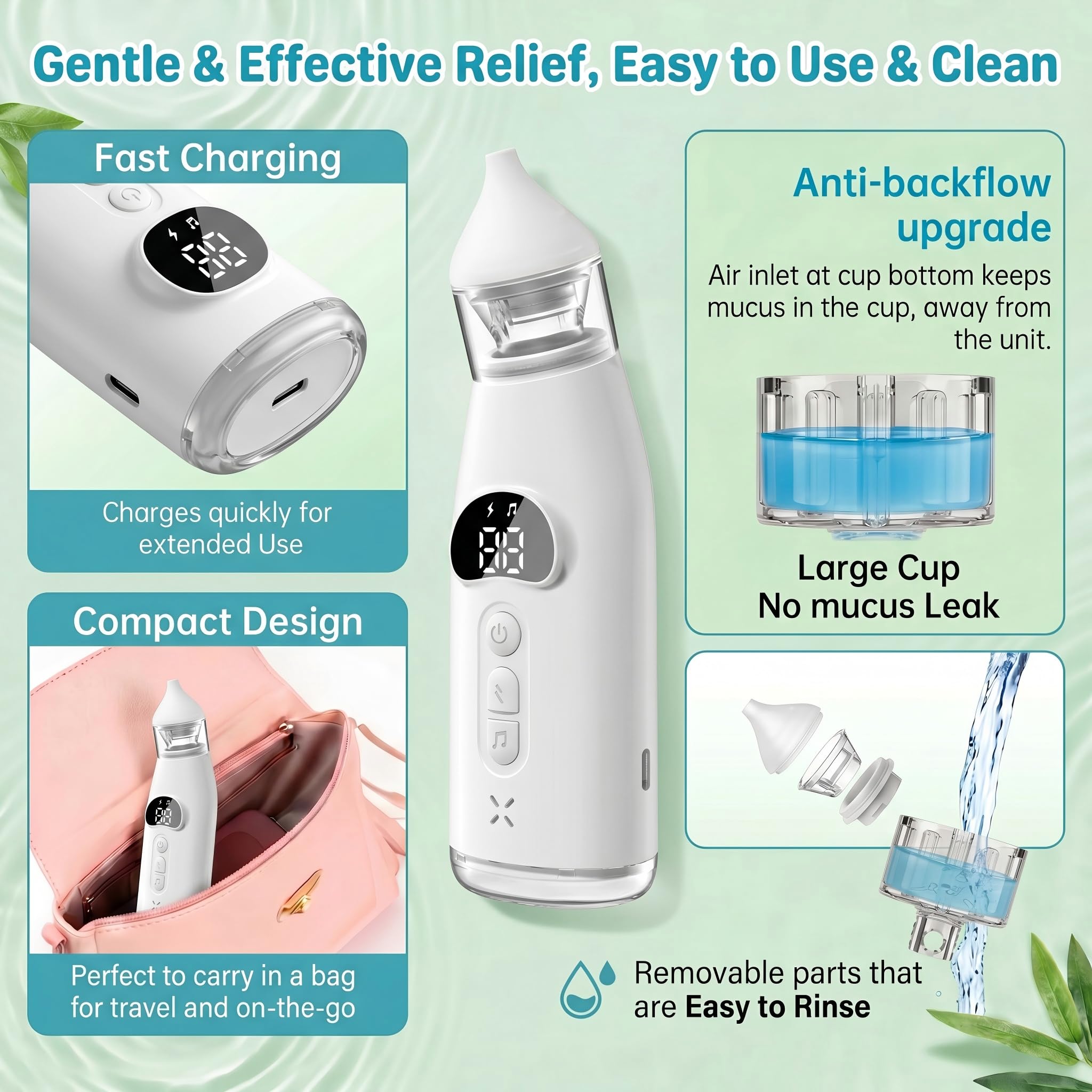 Mouche Bébé Électrique, Aspirateur Nasal Bébé 60Kpa avec Écran LCD, 9 Niveaux d'Aspiration, Mouche-Bébé Rechargeable USB-C, Silencieux (<60dB), Anti-reflux– Pour Nouveau-nés Bébés Enfants