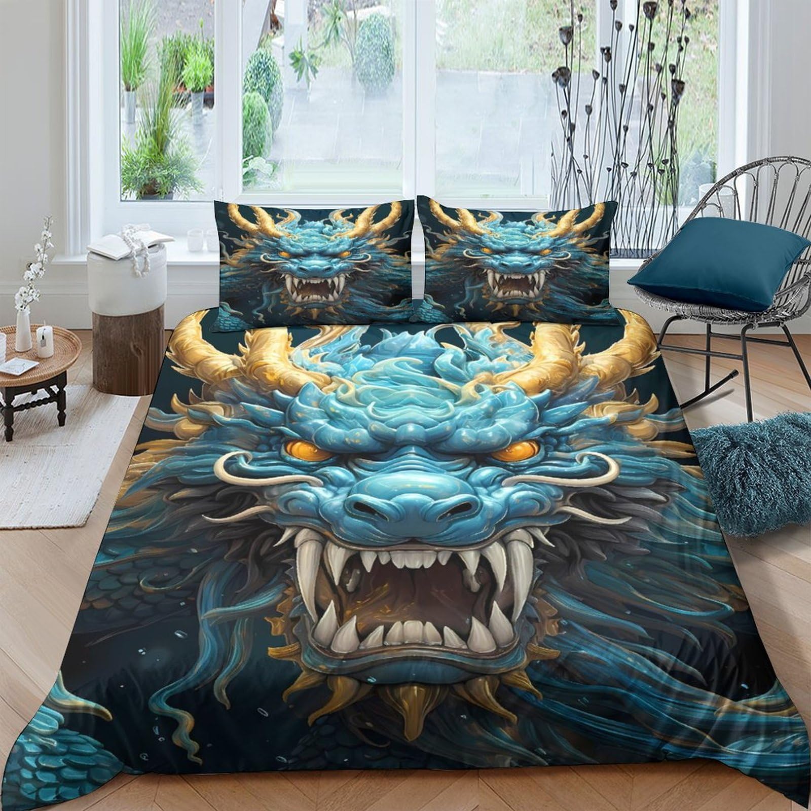 Ctjqhvkz Style-3 3D Printed Blue Dragon Fitted Sheet Microfiber Soft Anti-Slip Asian Style Mattress Cover For Bedroom Guest Room Decor Single（135X200cm）